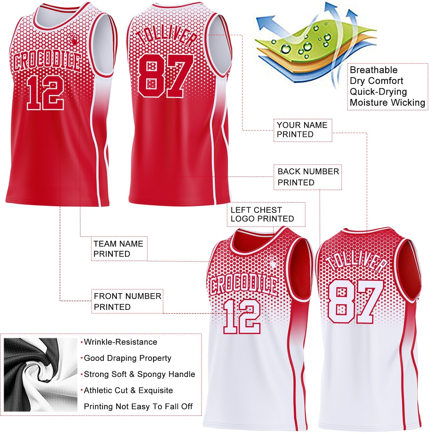 Custom Red-White Side Panel Stripe Gradient Geometric Honeycomb Reversible Double Side Sublimation Basketball Set Jersey view 3
