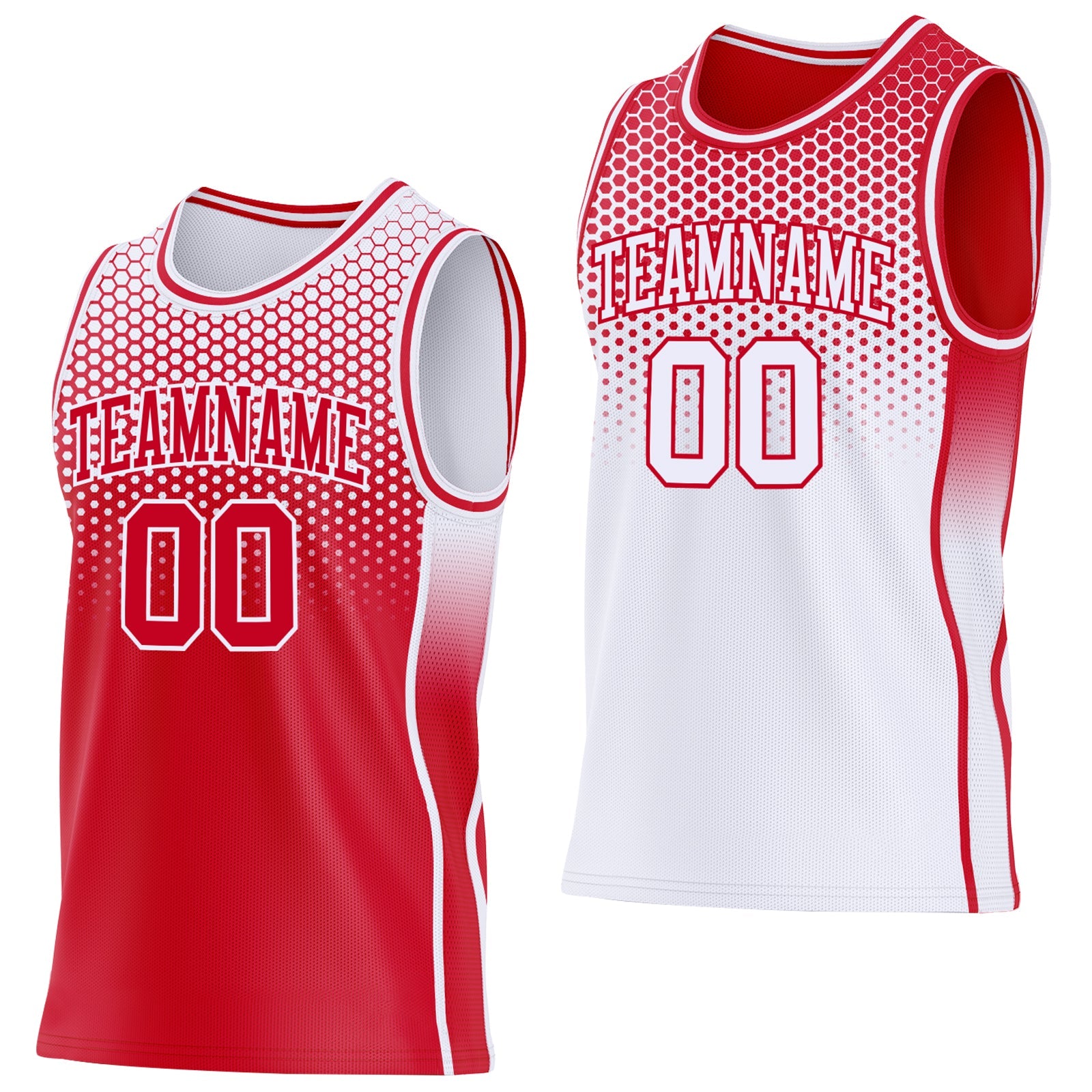 Custom Red-White Side Panel Stripe Gradient Geometric Honeycomb Reversible Double Side Sublimation Basketball Set Jersey - Main View
