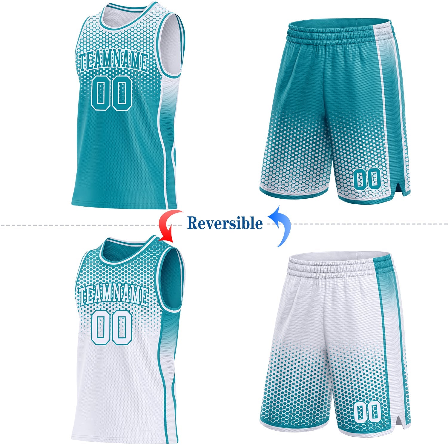 Custom Teal-White Side Panel Stripe Gradient Geometric Honeycomb Reversible Double Side Sublimation Basketball Set Jersey view 2