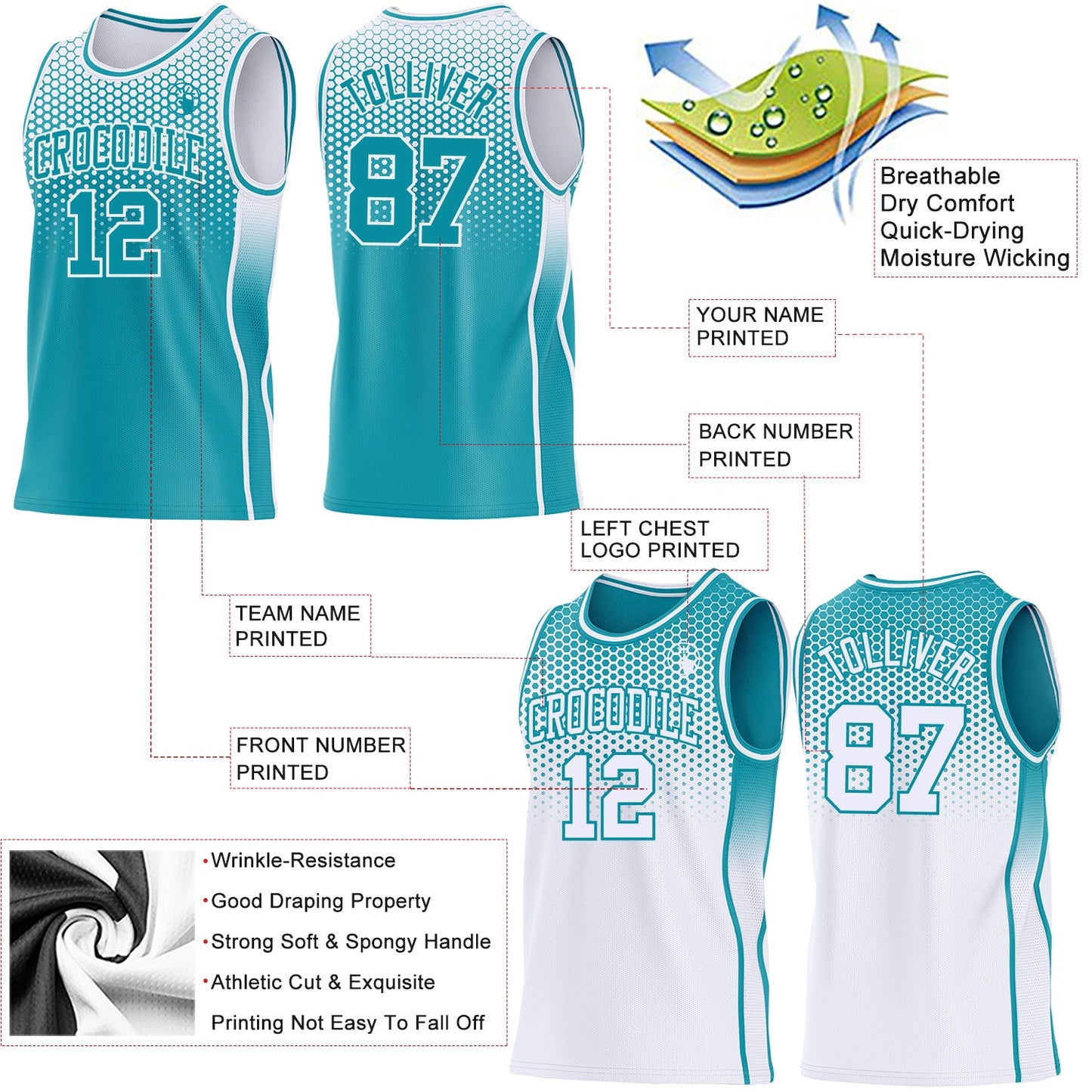 Custom Teal-White Side Panel Stripe Gradient Geometric Honeycomb Reversible Double Side Sublimation Basketball Set Jersey view 3