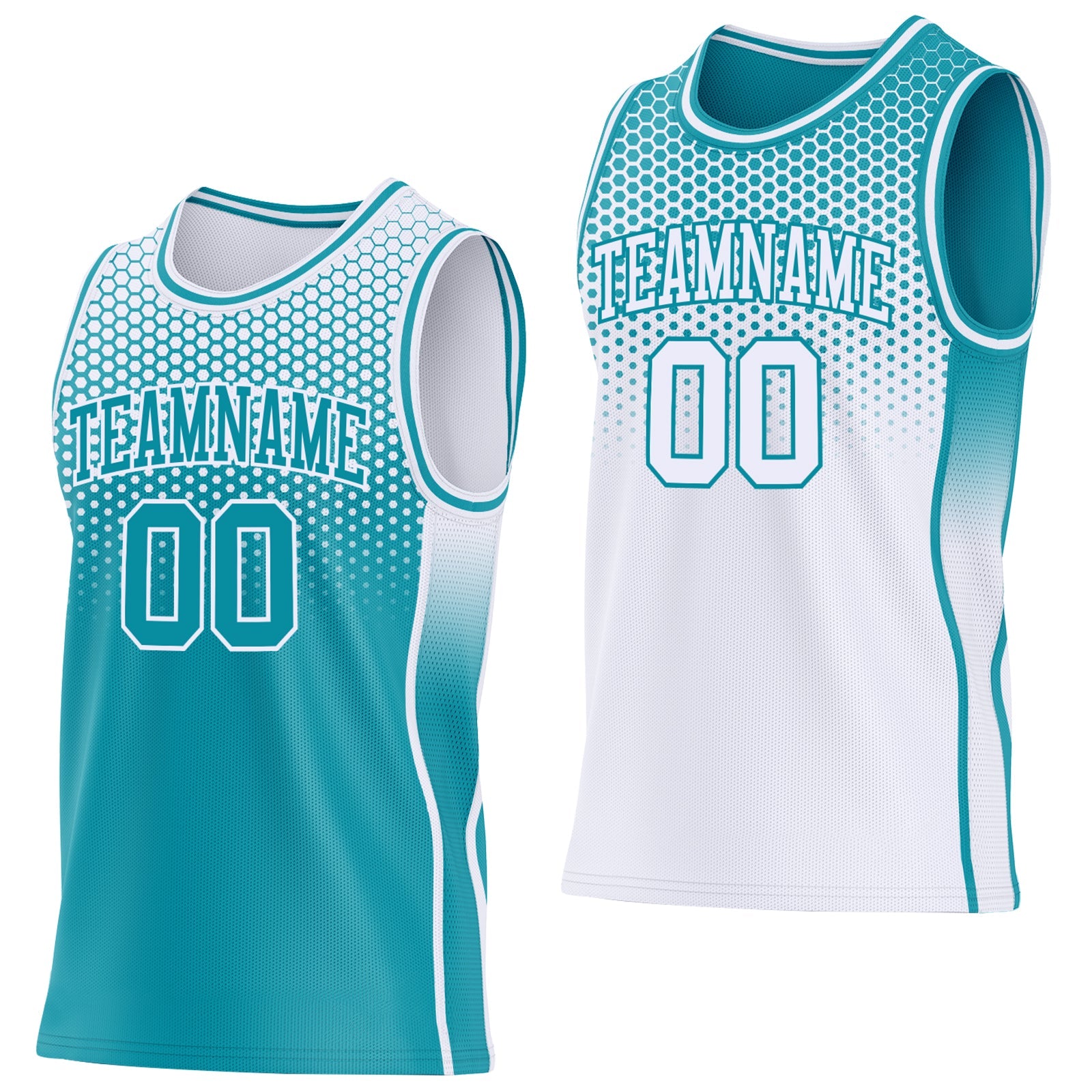 Custom Teal-White Side Panel Stripe Gradient Geometric Honeycomb Reversible Double Side Sublimation Basketball Set Jersey - Main View