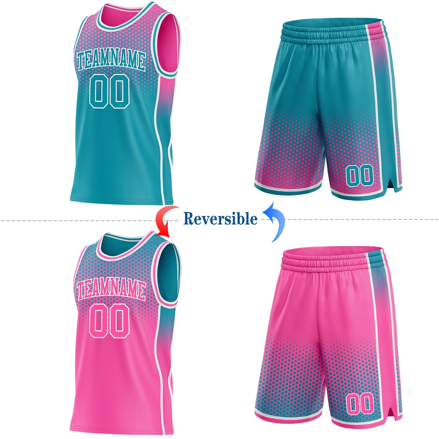 Custom Teal Pink-White Side Panel Stripe Gradient Geometric Honeycomb Reversible Double Side Sublimation Basketball Set Jersey view 2