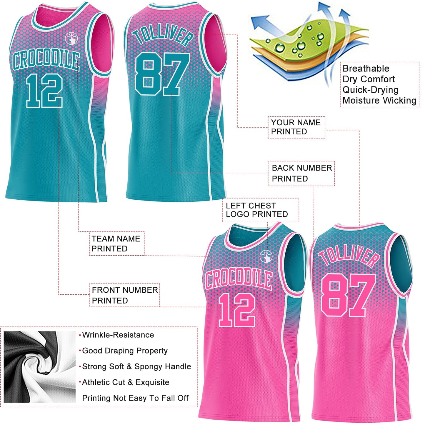 Custom Teal Pink-White Side Panel Stripe Gradient Geometric Honeycomb Reversible Double Side Sublimation Basketball Set Jersey view 3