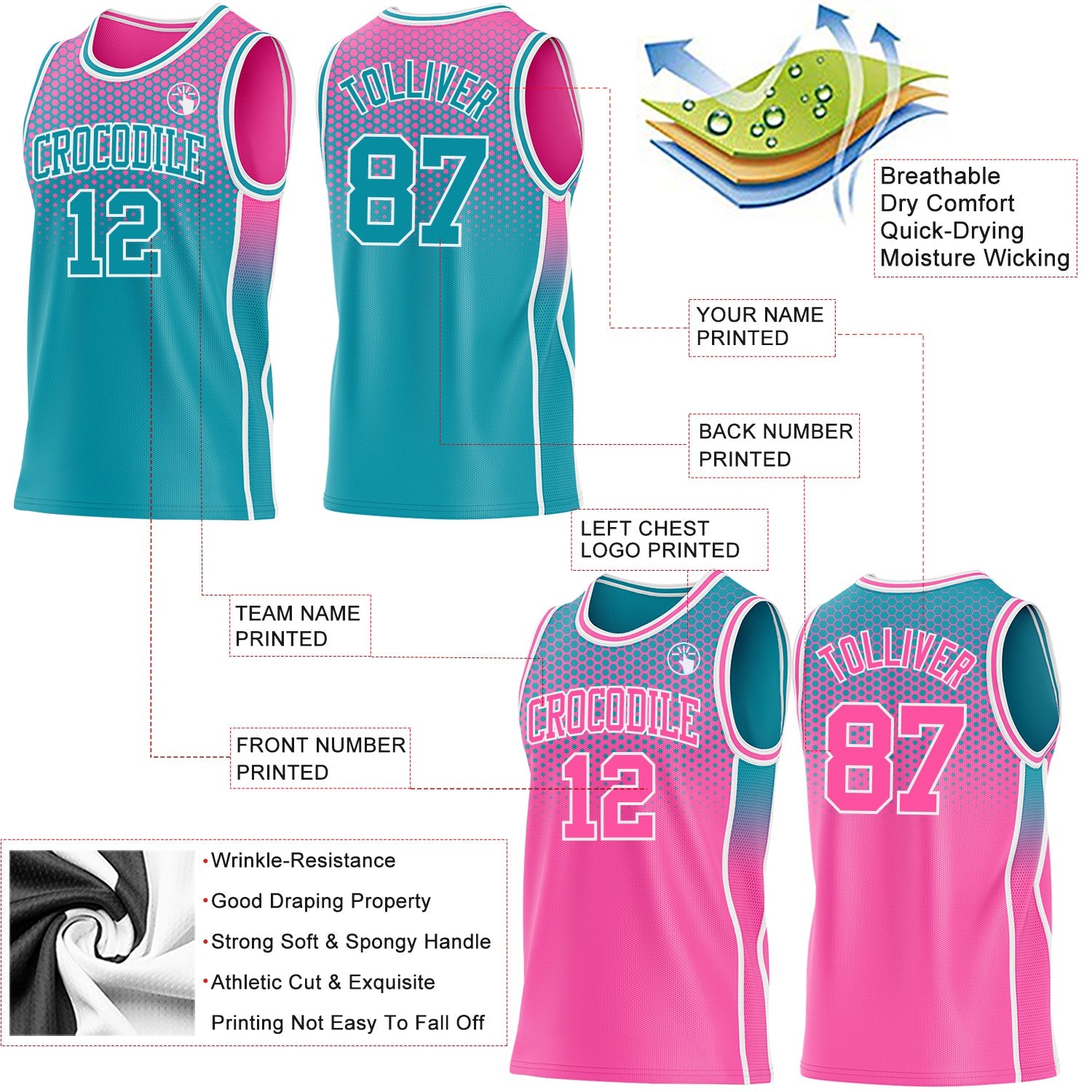 Custom Teal Pink-White Side Panel Stripe Gradient Geometric Honeycomb Reversible Double Side Sublimation Basketball Set Jersey view 3