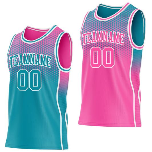 Custom Teal Pink-White Side Panel Stripe Gradient Geometric Honeycomb Reversible Double Side Sublimation Basketball Set Jersey - Main View