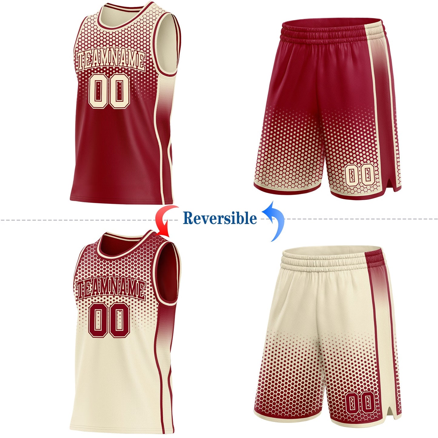 Custom Maroon-Cream Side Panel Stripe Gradient Geometric Honeycomb Reversible Double Side Sublimation Basketball Set Jersey view 2