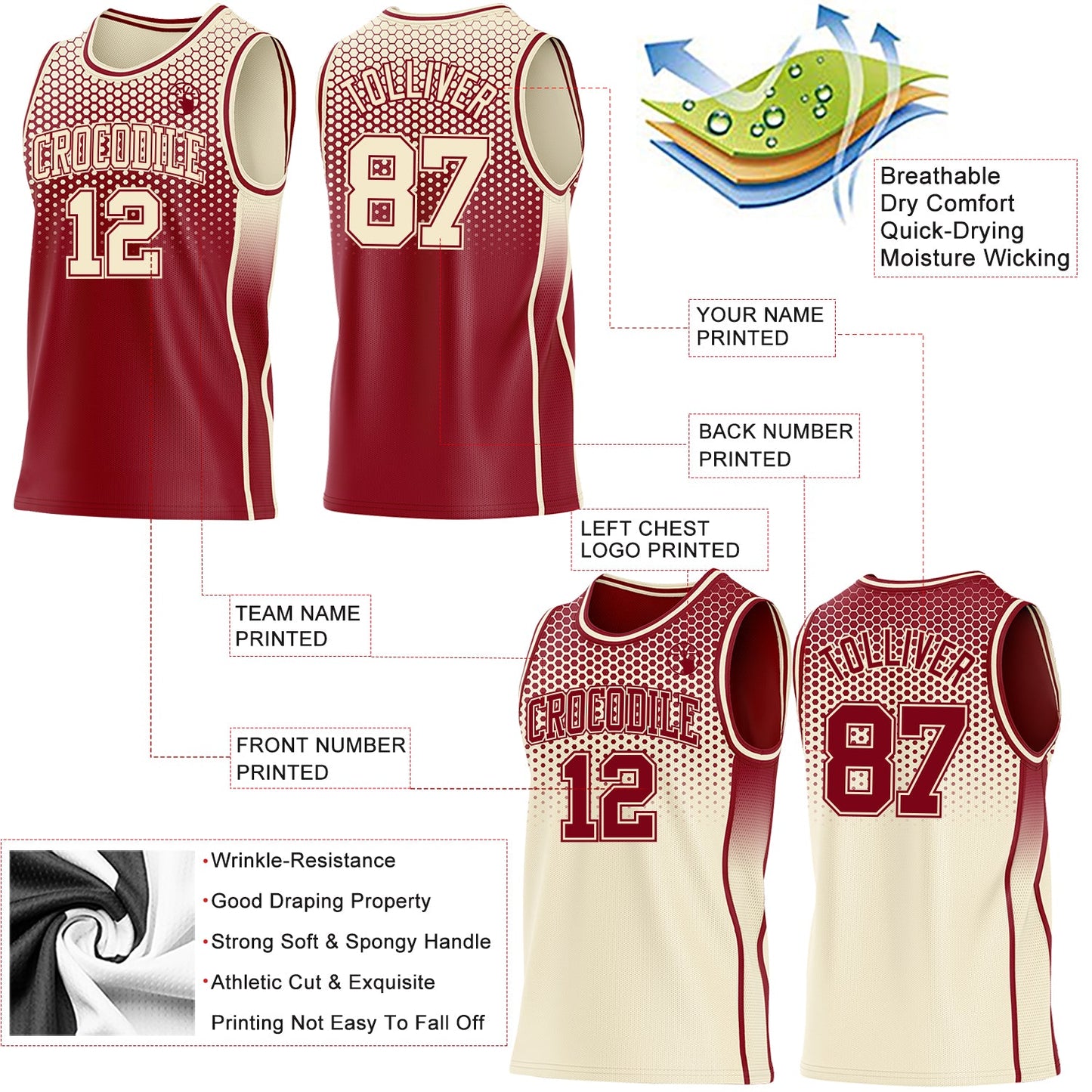Custom Maroon-Cream Side Panel Stripe Gradient Geometric Honeycomb Reversible Double Side Sublimation Basketball Set Jersey view 3
