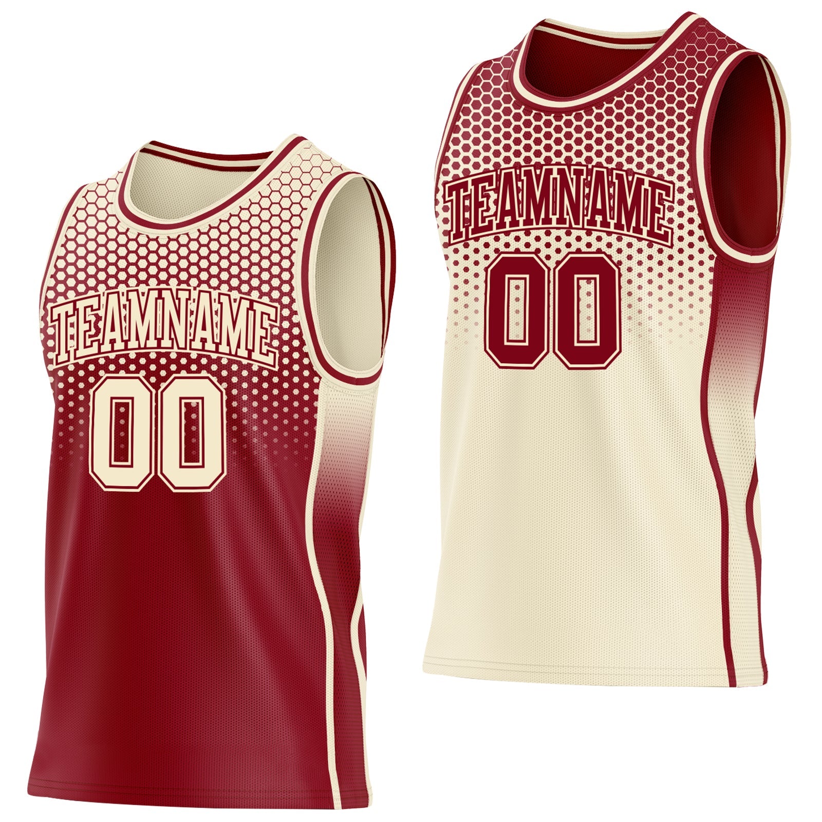 Custom Maroon-Cream Side Panel Stripe Gradient Geometric Honeycomb Reversible Double Side Sublimation Basketball Set Jersey - Main View