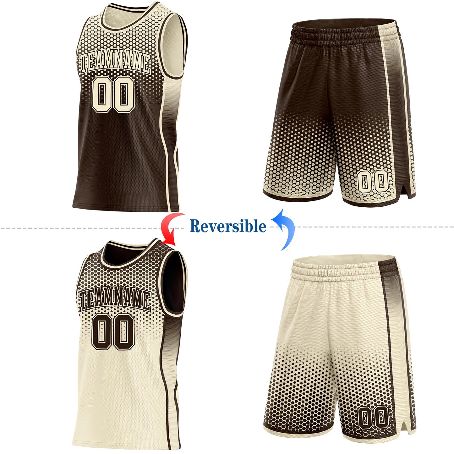 Custom Brown-Cream Side Panel Stripe Gradient Geometric Honeycomb Reversible Double Side Sublimation Basketball Set Jersey view 2