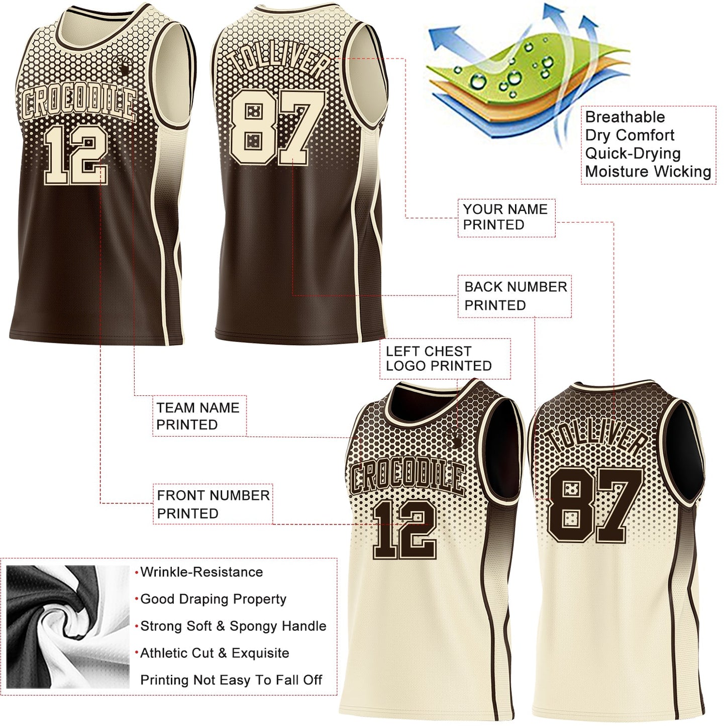 Custom Brown-Cream Side Panel Stripe Gradient Geometric Honeycomb Reversible Double Side Sublimation Basketball Set Jersey view 3