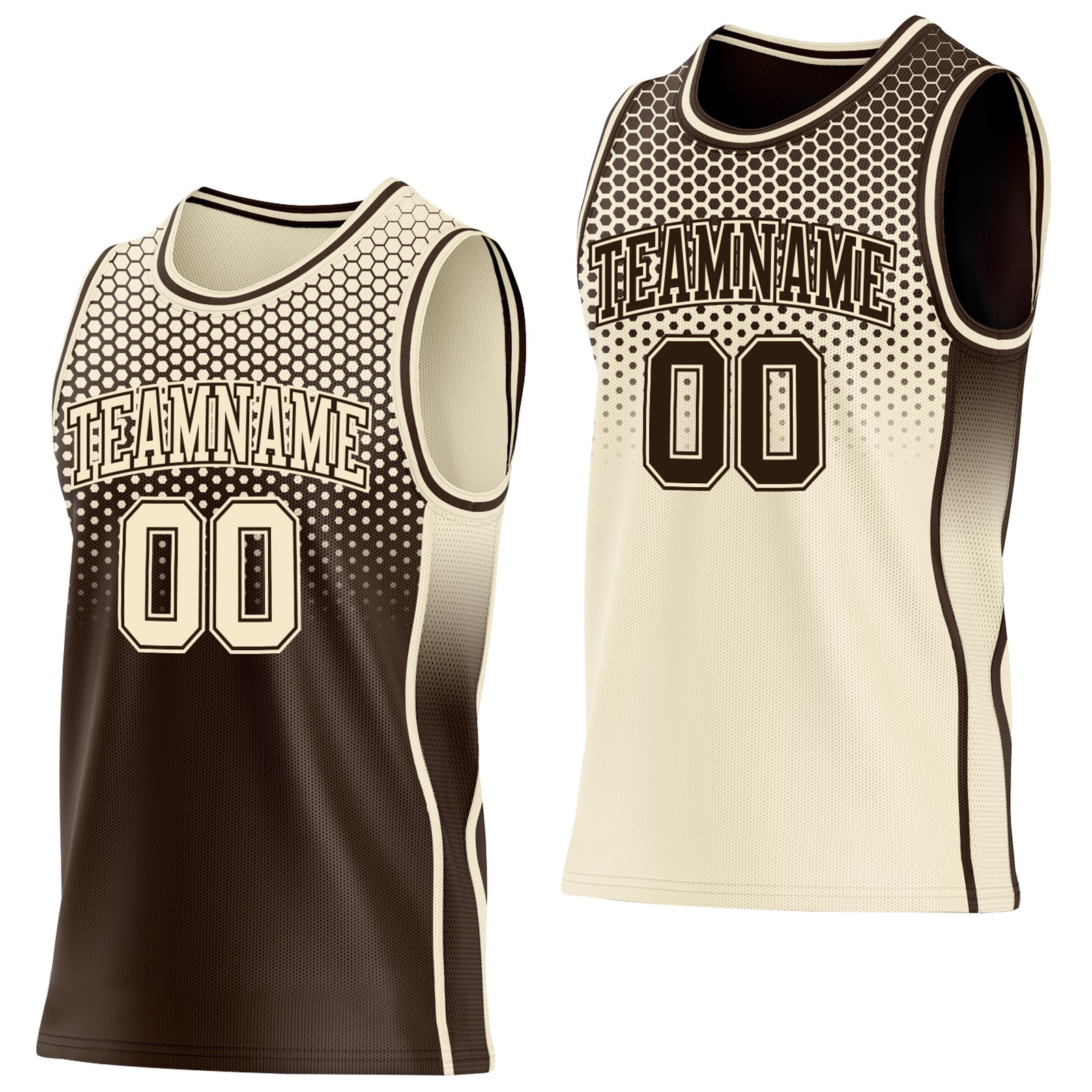 Custom Brown-Cream Side Panel Stripe Gradient Geometric Honeycomb Reversible Double Side Sublimation Basketball Set Jersey - Main View