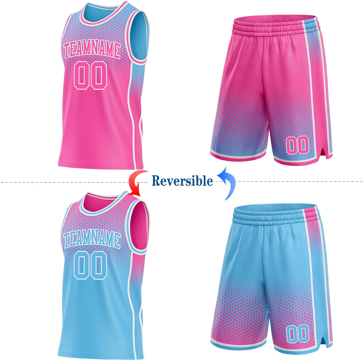 Custom Pink Sky Blue-White Side Panel Stripe Gradient Geometric Honeycomb Reversible Double Side Sublimation Basketball Set Jersey view 2