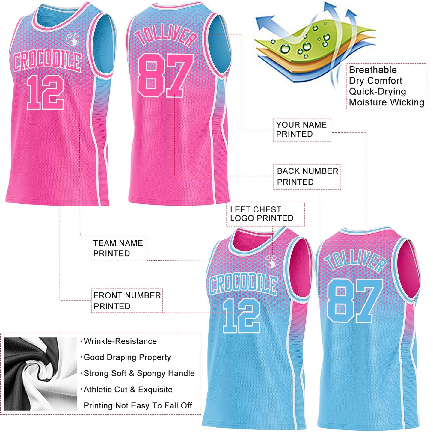Custom Pink Sky Blue-White Side Panel Stripe Gradient Geometric Honeycomb Reversible Double Side Sublimation Basketball Set Jersey view 3