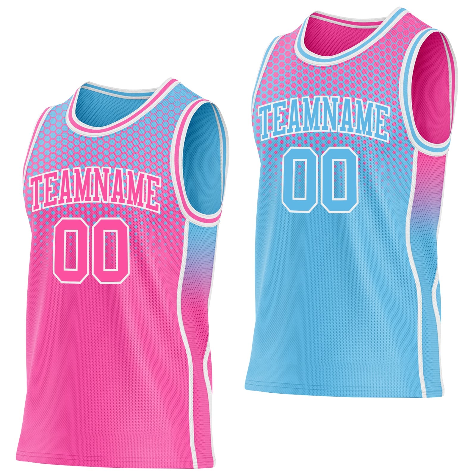 Custom Pink Sky Blue-White Side Panel Stripe Gradient Geometric Honeycomb Reversible Double Side Sublimation Basketball Set Jersey - Main View