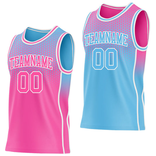 Custom Pink Sky Blue-White Side Panel Stripe Gradient Geometric Honeycomb Reversible Double Side Sublimation Basketball Set Jersey - Main View