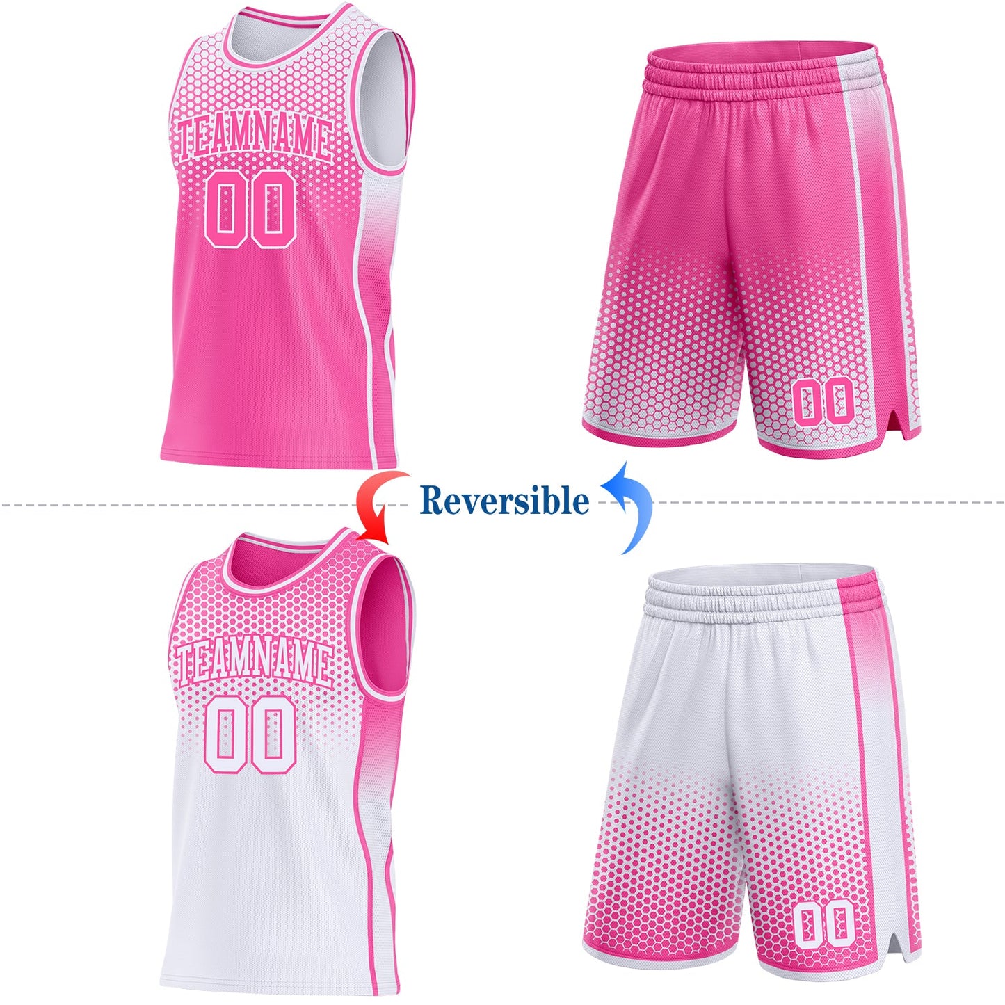 Custom Pink-White Side Panel Stripe Gradient Geometric Honeycomb Reversible Double Side Sublimation Basketball Set Jersey view 2
