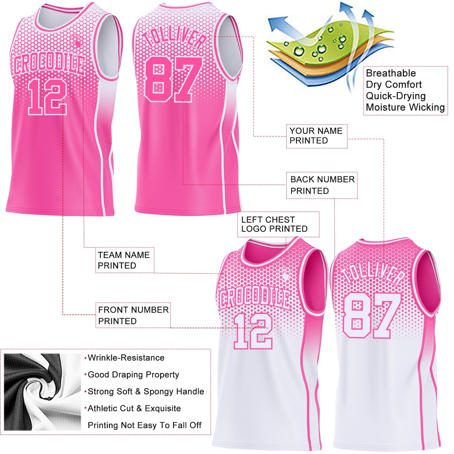 Custom Pink-White Side Panel Stripe Gradient Geometric Honeycomb Reversible Double Side Sublimation Basketball Set Jersey view 3