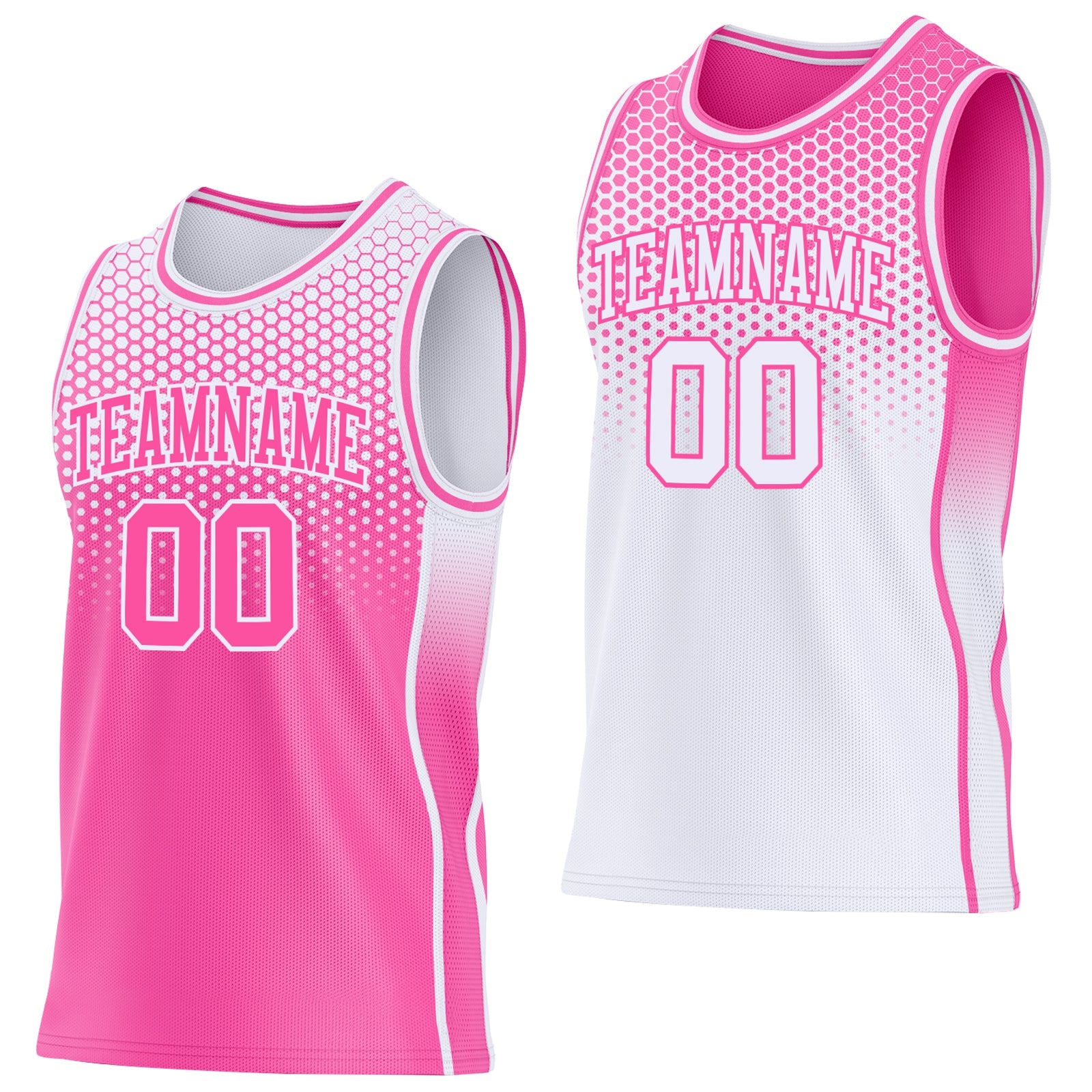 Custom Pink-White Side Panel Stripe Gradient Geometric Honeycomb Reversible Double Side Sublimation Basketball Set Jersey - Main View