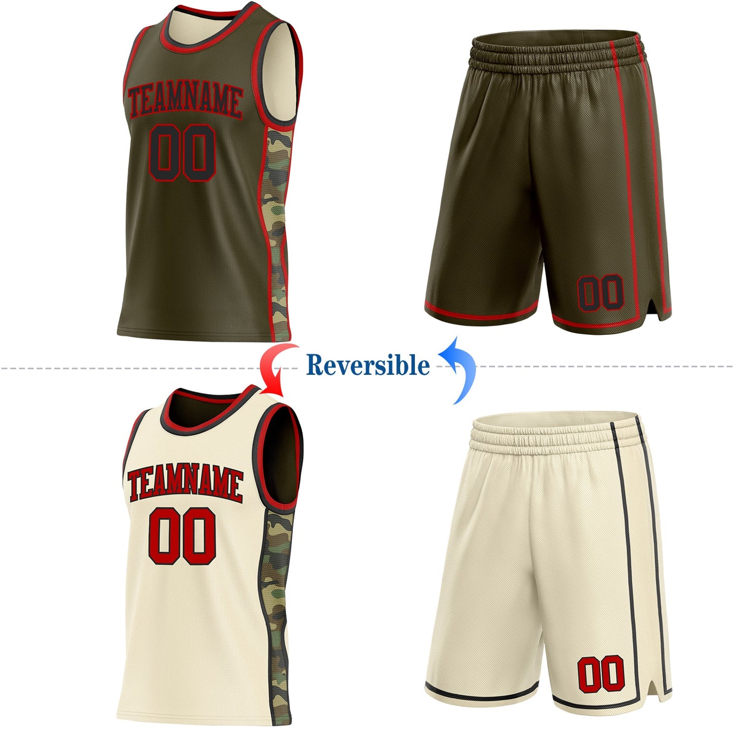 Custom Olive(Cream) Black-Red Camo Side Panel Stripe Reversible Double Side Sublimation Basketball Set Jersey view 2