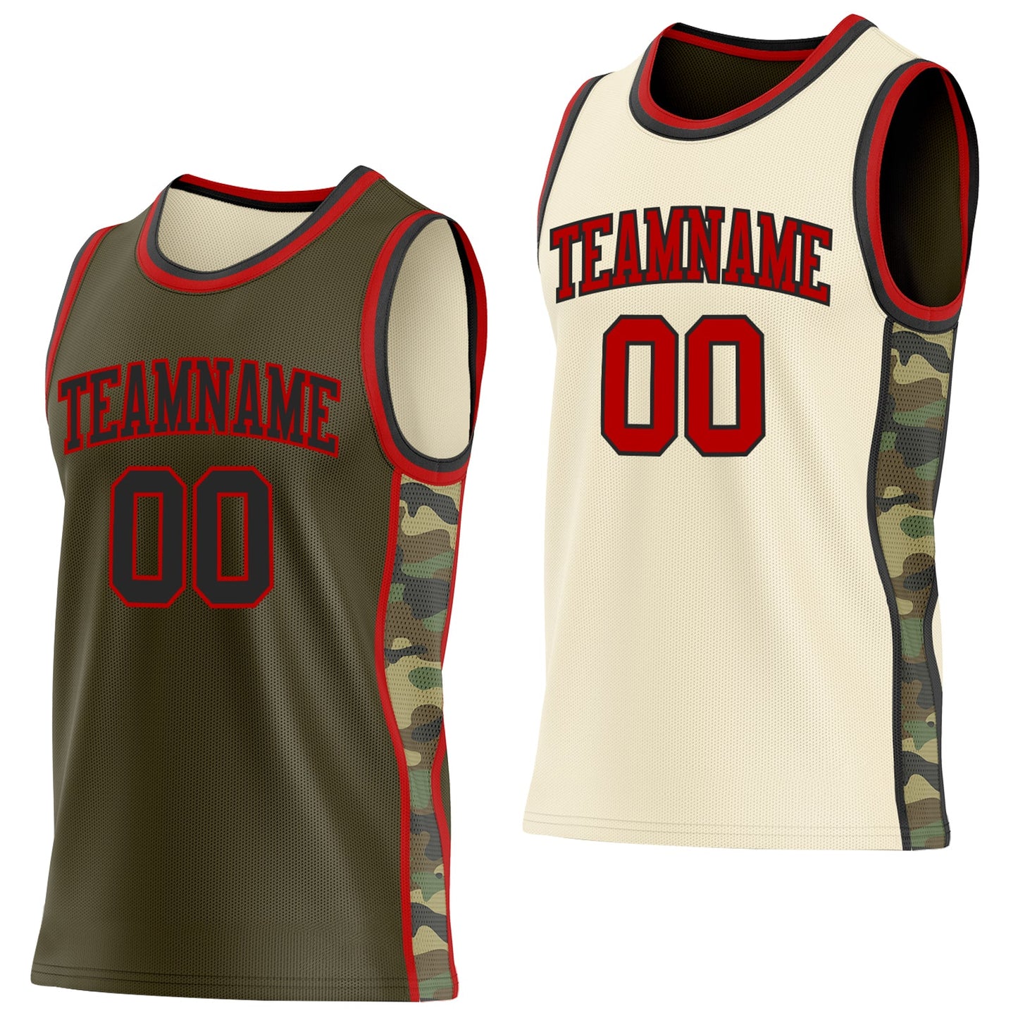 Custom Olive(Cream) Black-Red Camo Side Panel Stripe Reversible Double Side Sublimation Basketball Set Jersey - Main View