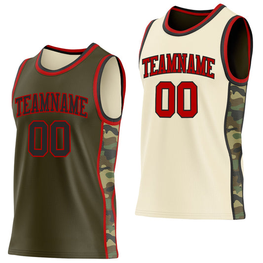 Custom Olive(Cream) Black-Red Camo Side Panel Stripe Reversible Double Side Sublimation Basketball Set Jersey - Main View