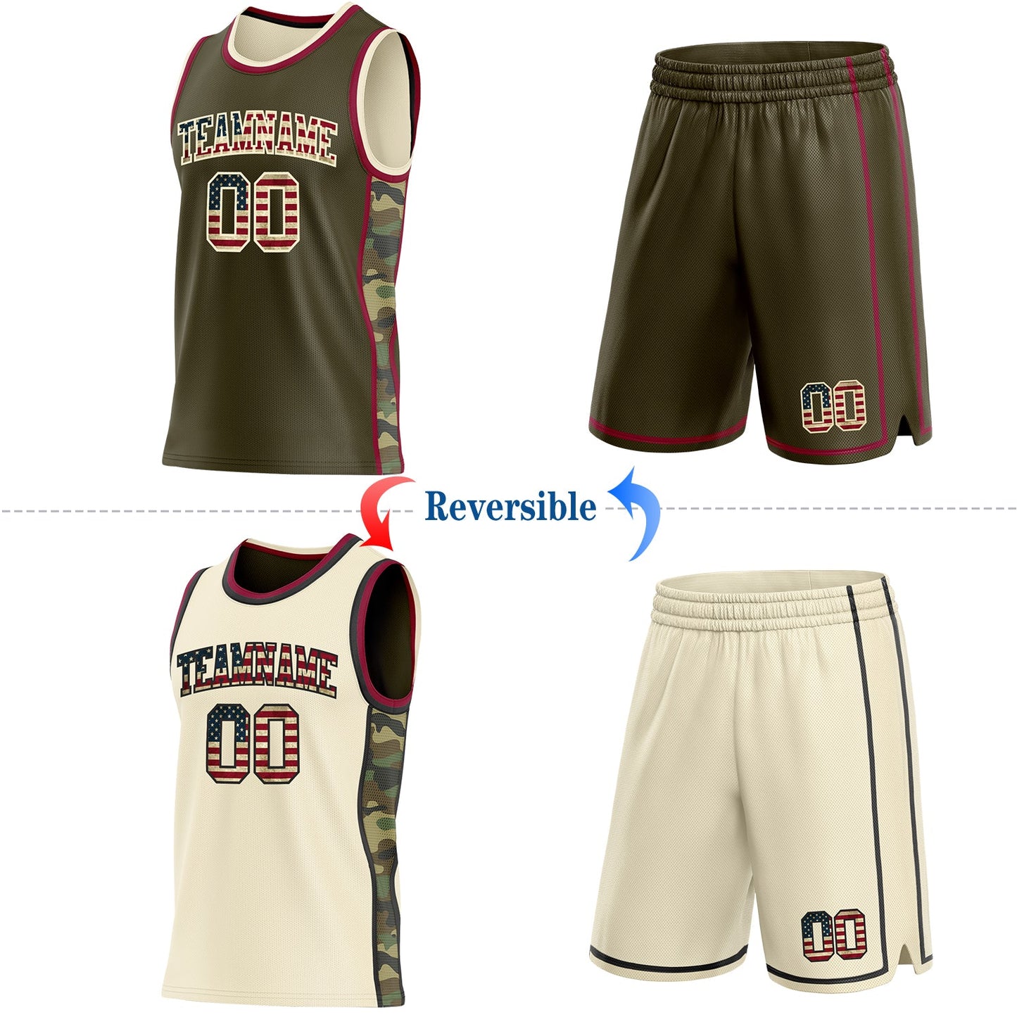Custom Olive Vintage USA Flag Cream-Maroon Camo Side Panel Stripe Reversible Double Side Sublimation Basketball Set Jersey view 2