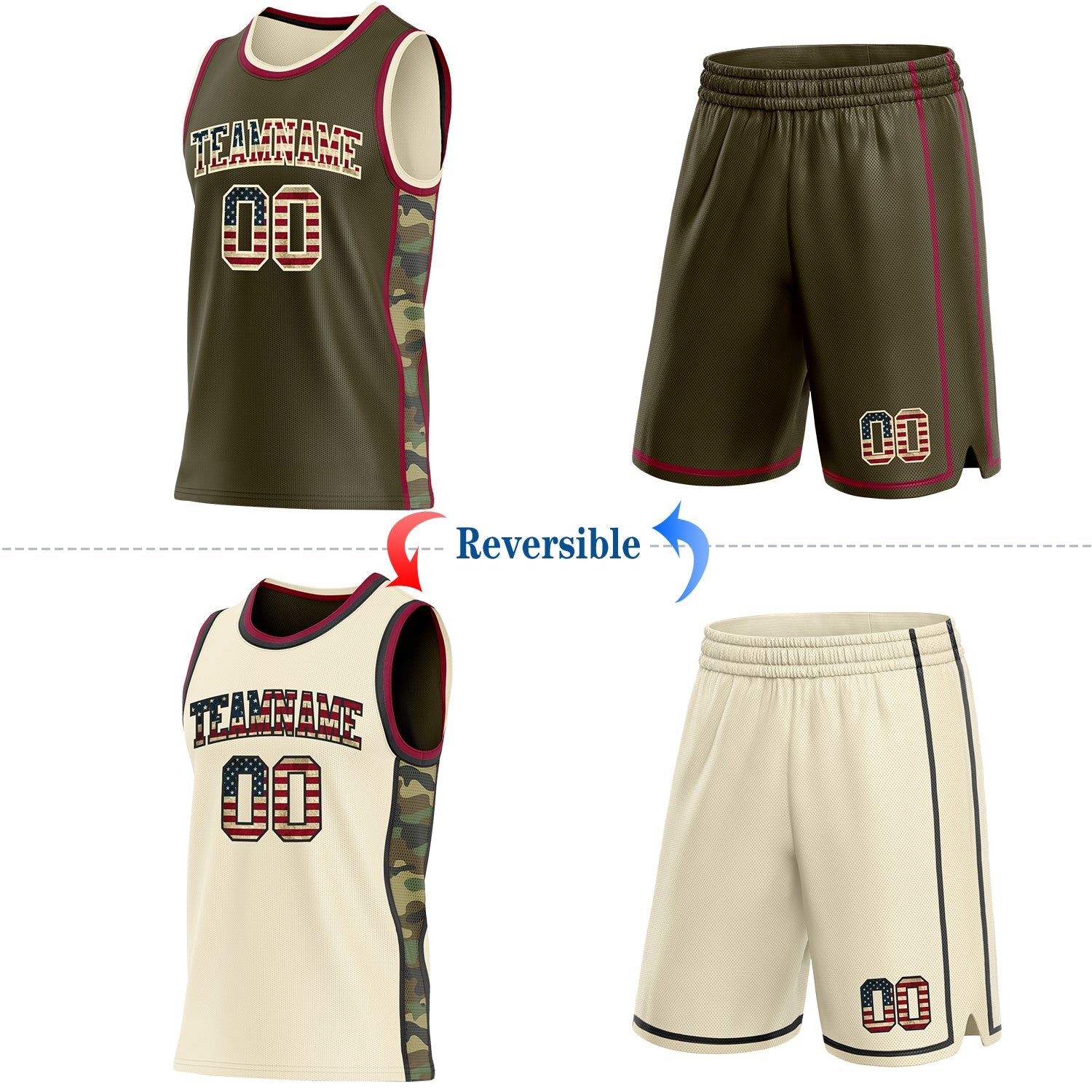 Custom Olive Vintage USA Flag Cream-Maroon Camo Side Panel Stripe Reversible Double Side Sublimation Basketball Set Jersey view 2