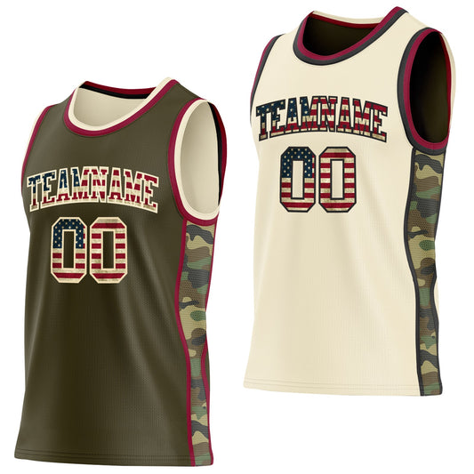 Custom Olive Vintage USA Flag Cream-Maroon Camo Side Panel Stripe Reversible Double Side Sublimation Basketball Set Jersey - Main View