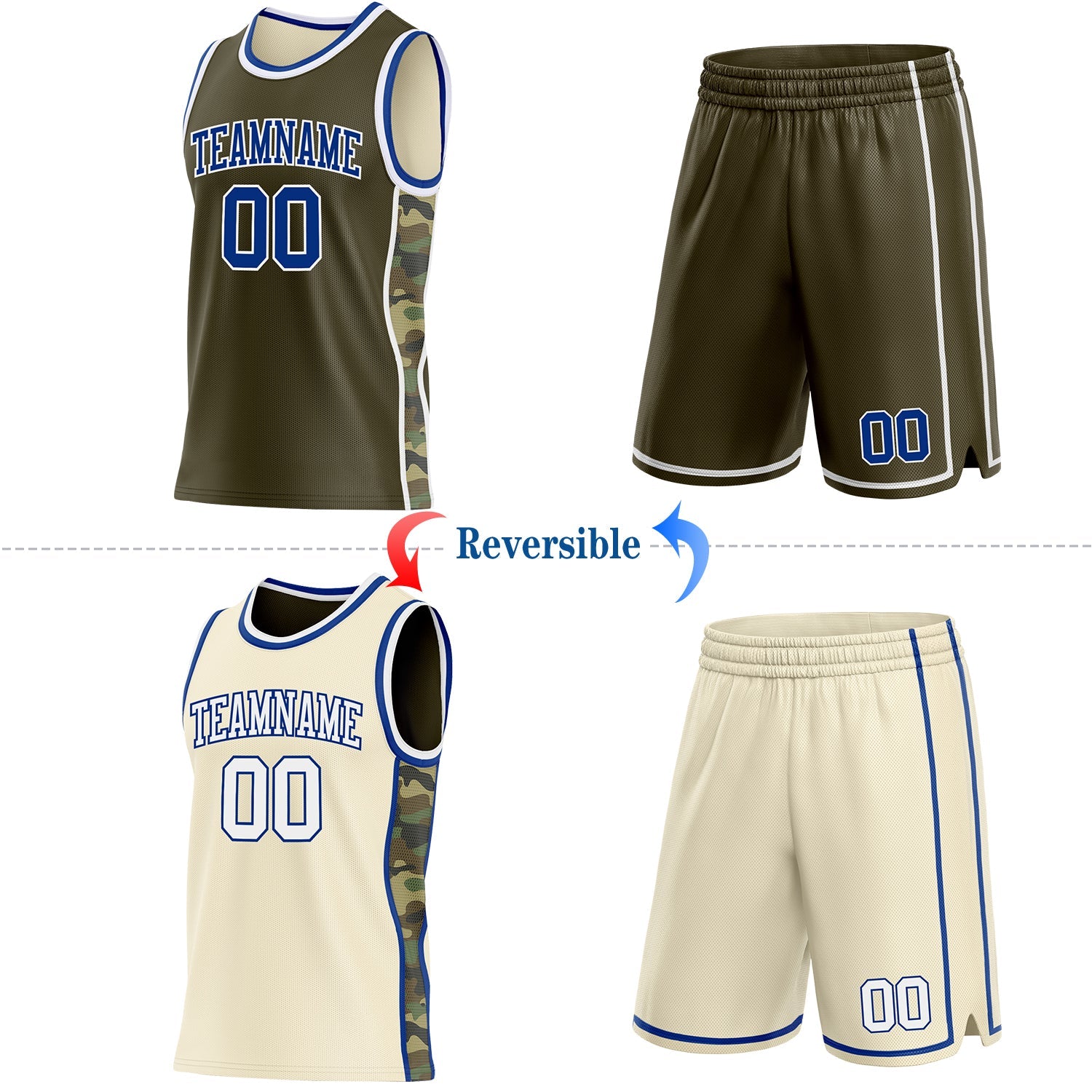 Custom Olive(Cream) Royal-White Camo Side Panel Stripe Reversible Double Side Sublimation Basketball Set Jersey view 2