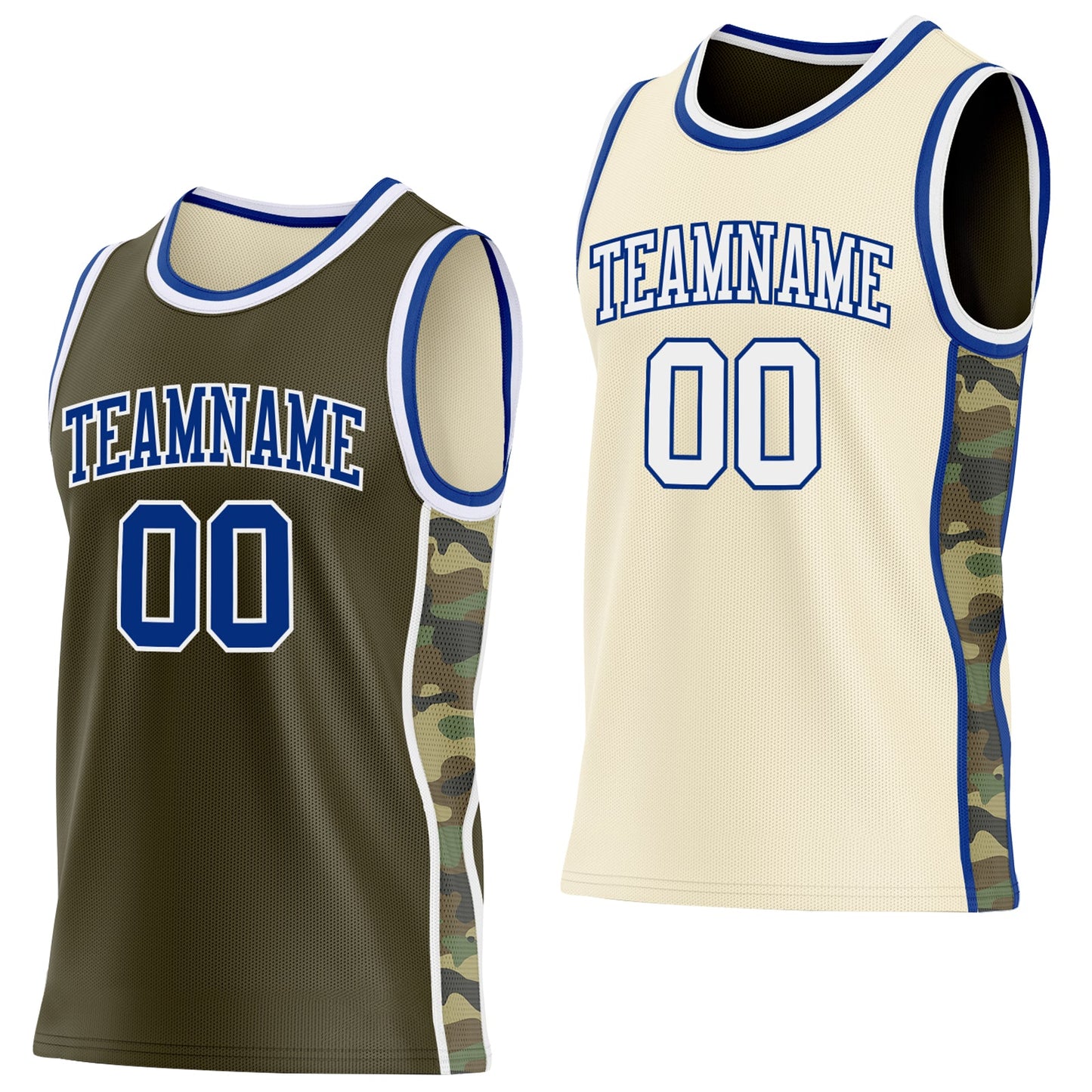 Custom Olive(Cream) Royal-White Camo Side Panel Stripe Reversible Double Side Sublimation Basketball Set Jersey - Main View