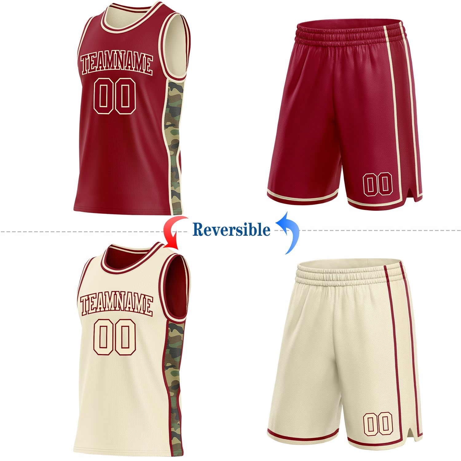 Custom Maroon-Cream Camo Side Panel Stripe Reversible Double Side Sublimation Basketball Set Jersey view 2