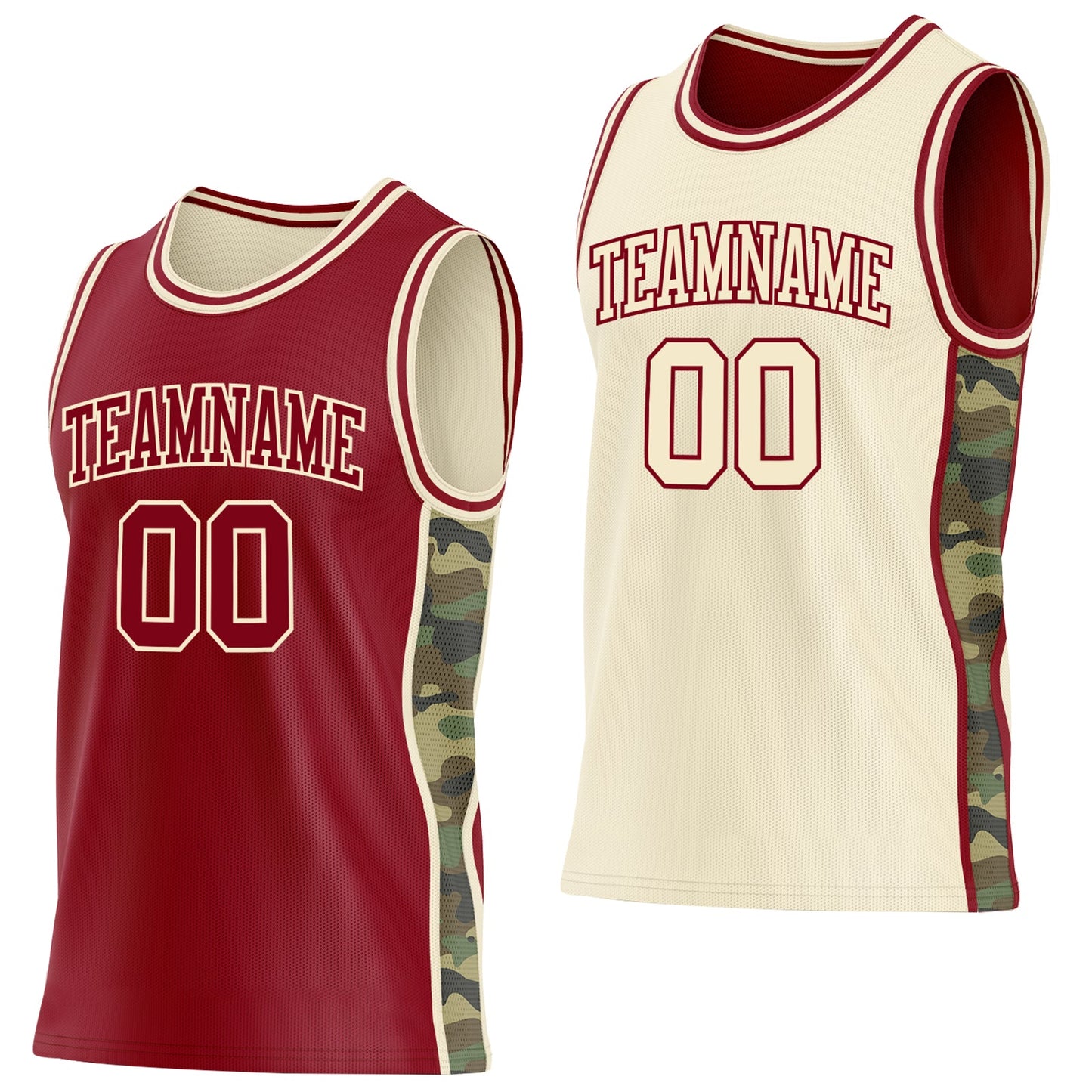 Custom Maroon-Cream Camo Side Panel Stripe Reversible Double Side Sublimation Basketball Set Jersey - Main View