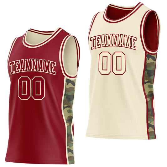 Custom Maroon-Cream Camo Side Panel Stripe Reversible Double Side Sublimation Basketball Set Jersey - Main View