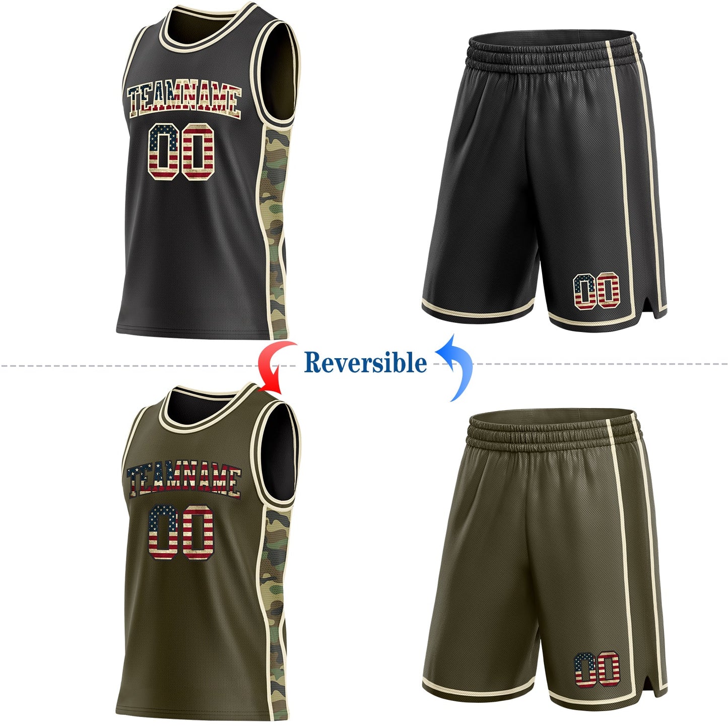 Custom Black(Olive) Vintage USA Flag-Cream Camo Side Panel Stripe Reversible Double Side Sublimation Basketball Set Jersey view 2
