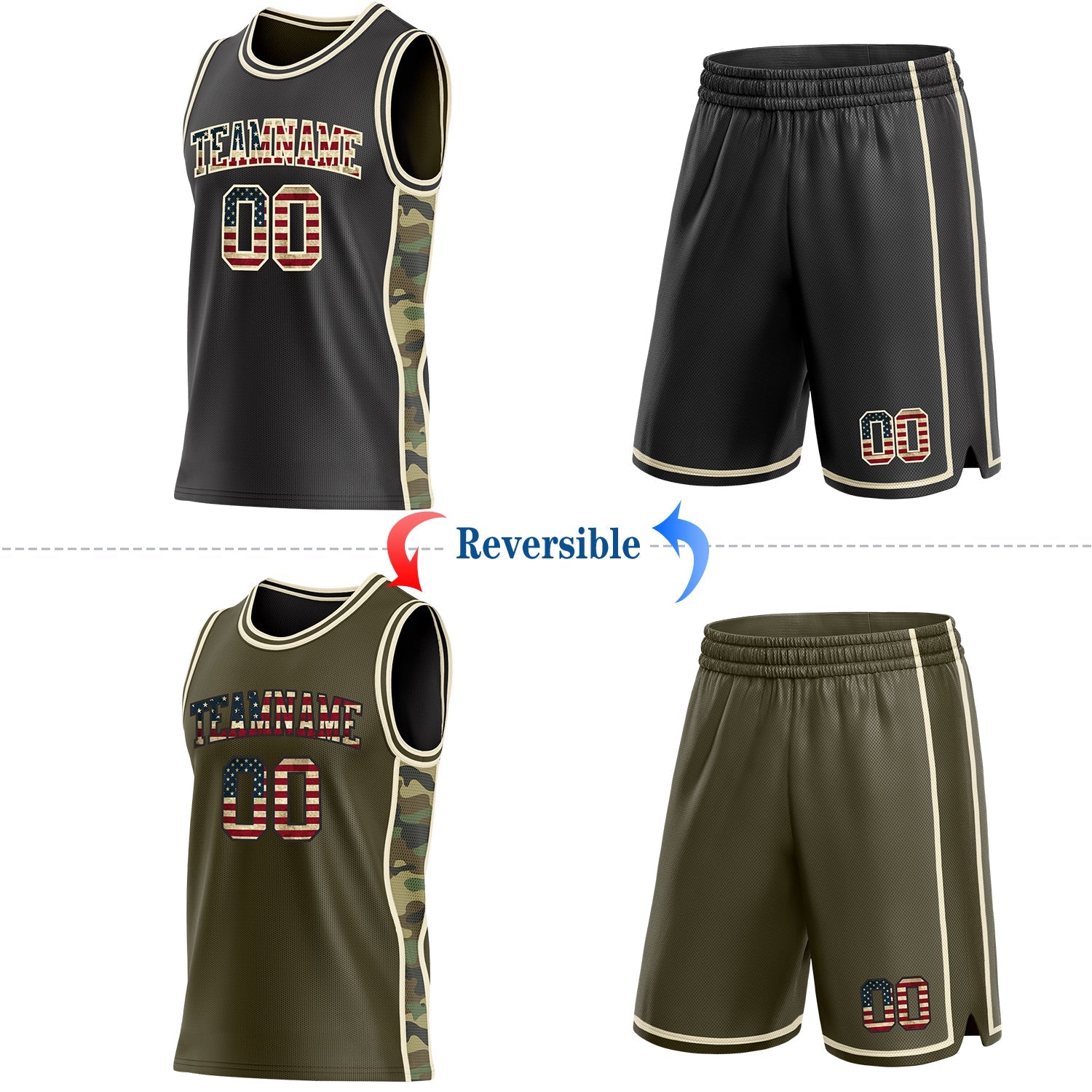Custom Black(Olive) Vintage USA Flag-Cream Camo Side Panel Stripe Reversible Double Side Sublimation Basketball Set Jersey view 2