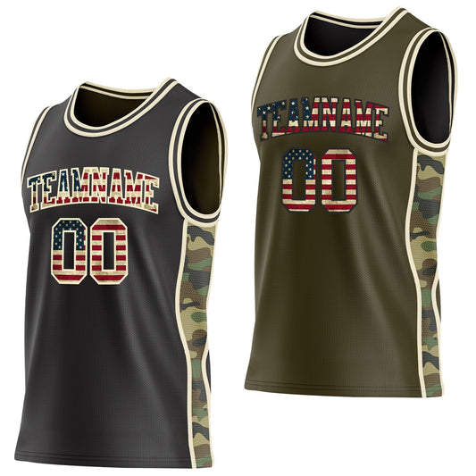 Custom Black(Olive) Vintage USA Flag-Cream Camo Side Panel Stripe Reversible Double Side Sublimation Basketball Set Jersey - Main View
