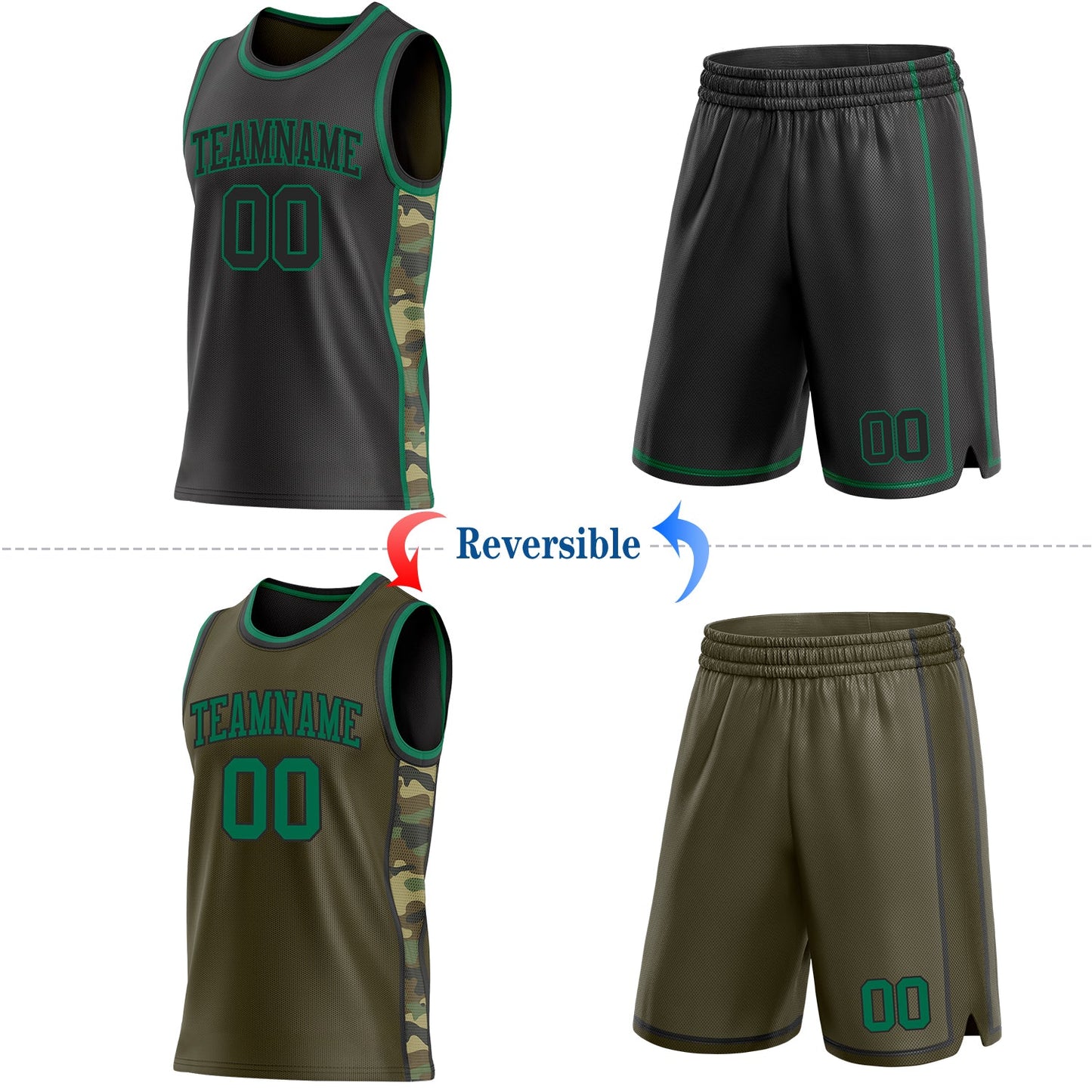 Custom Black(Olive)-Kelly Green Camo Side Panel Stripe Reversible Double Side Sublimation Basketball Set Jersey view 2