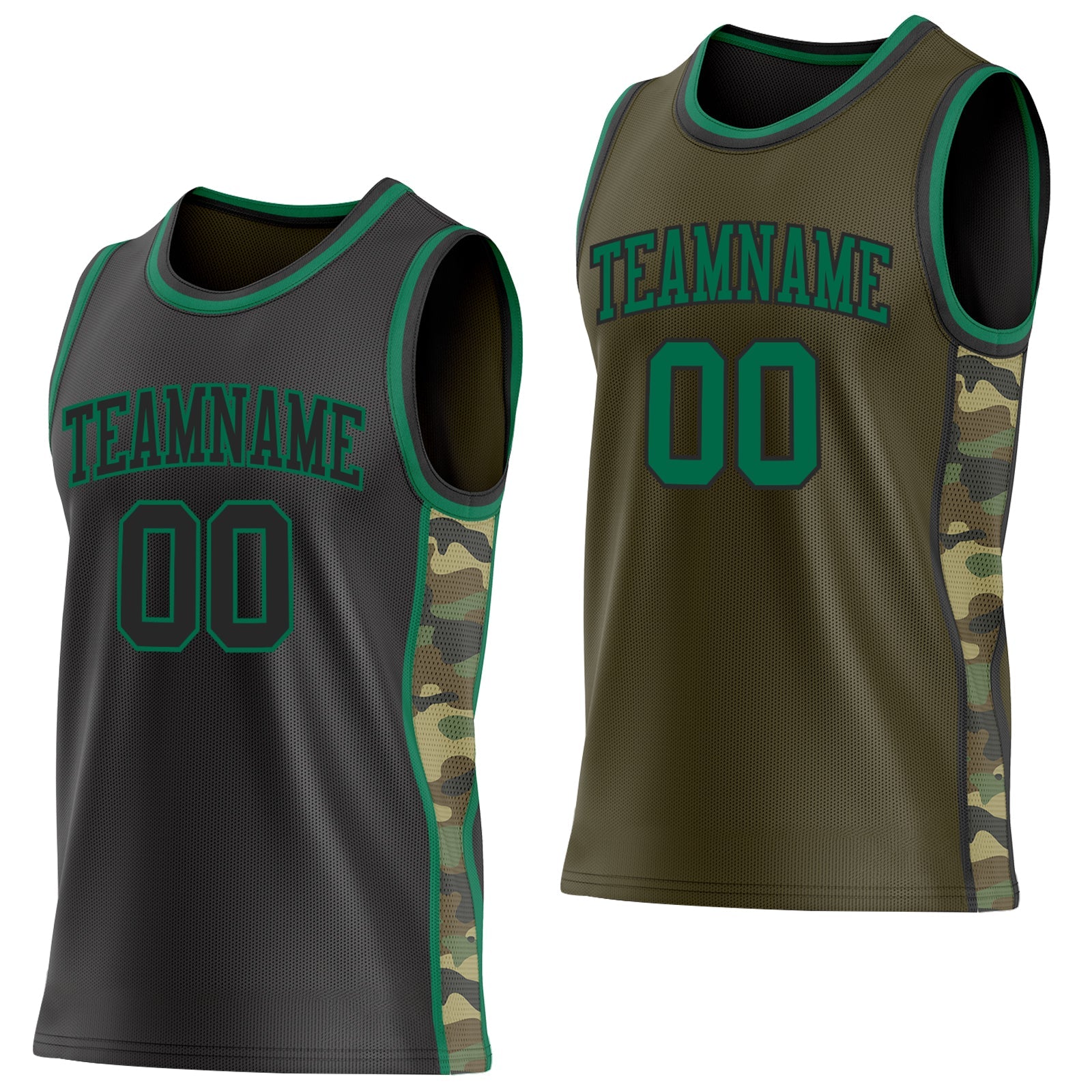 Custom Black(Olive)-Kelly Green Camo Side Panel Stripe Reversible Double Side Sublimation Basketball Set Jersey - Main View