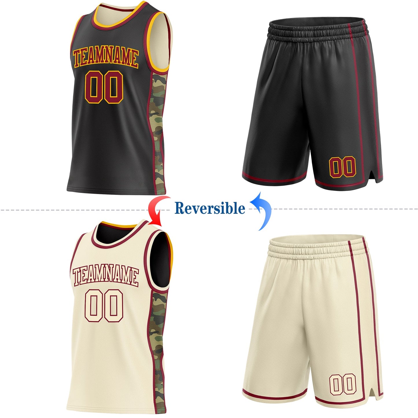 Custom Black(Cream) Crimson-Gold Camo Side Panel Stripe Reversible Double Side Sublimation Basketball Set Jersey view 2