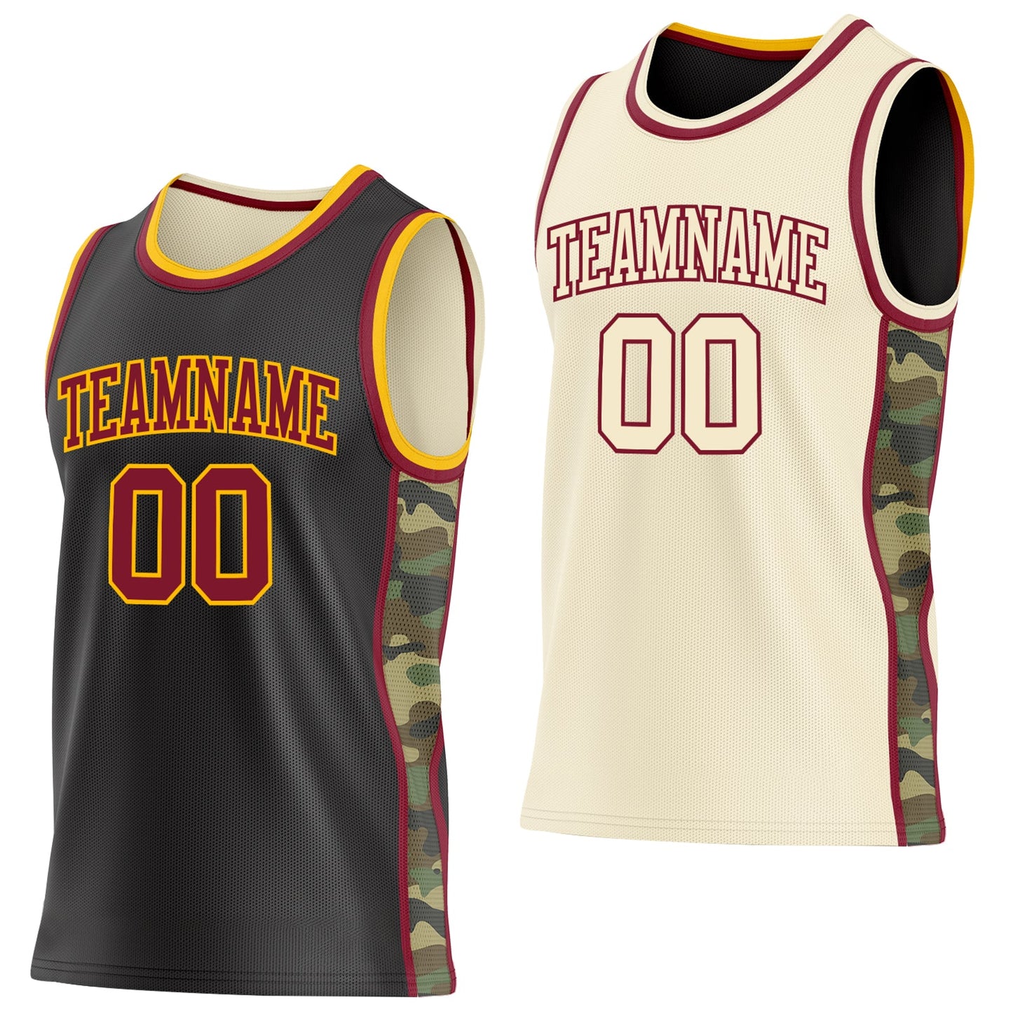 Custom Black(Cream) Crimson-Gold Camo Side Panel Stripe Reversible Double Side Sublimation Basketball Set Jersey - Main View
