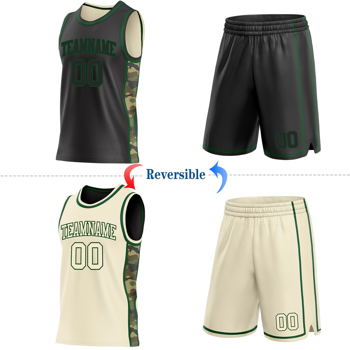 Custom Black(Cream)-Green Camo Side Panel Stripe Reversible Double Side Sublimation Basketball Set Jersey view 2