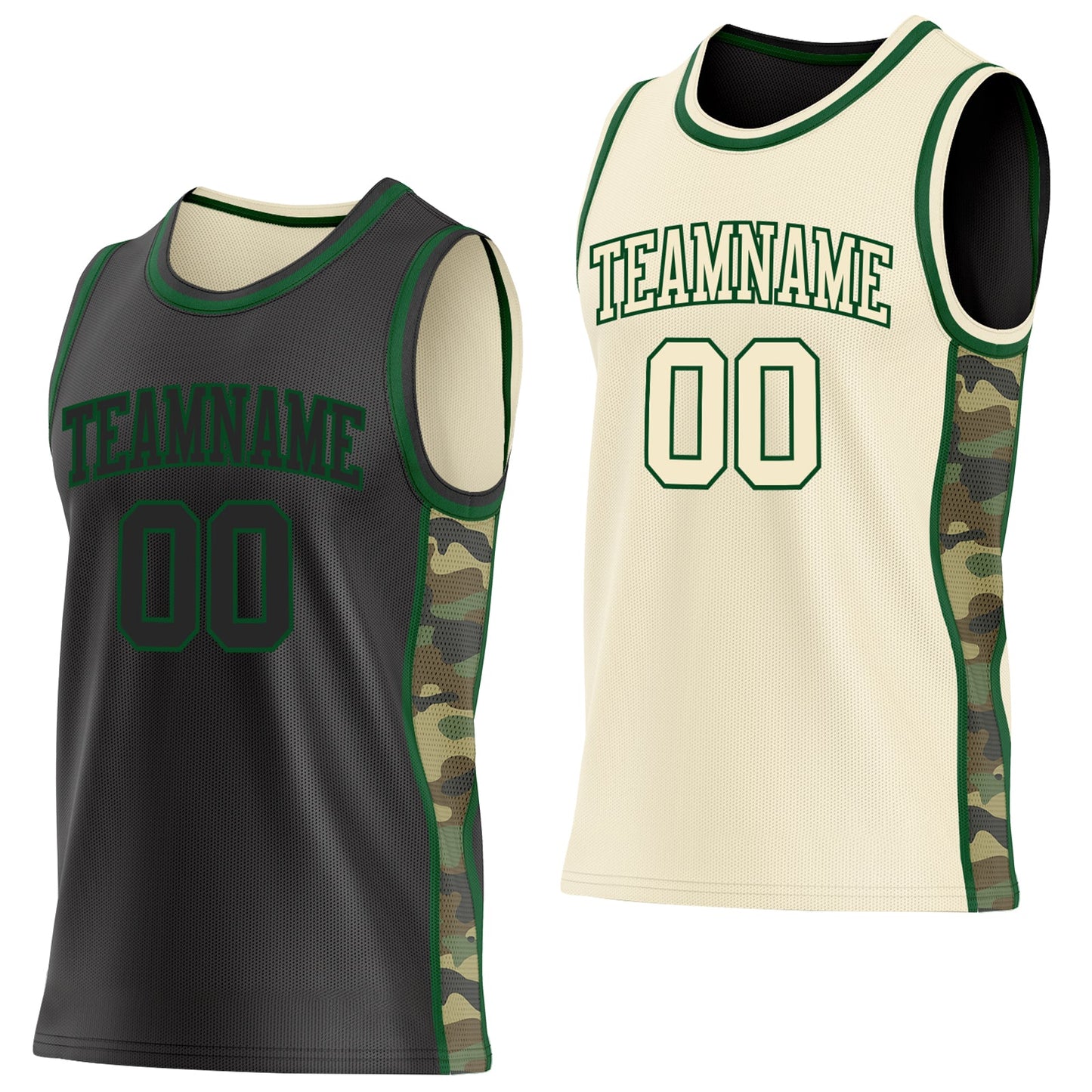 Custom Black(Cream)-Green Camo Side Panel Stripe Reversible Double Side Sublimation Basketball Set Jersey - Main View