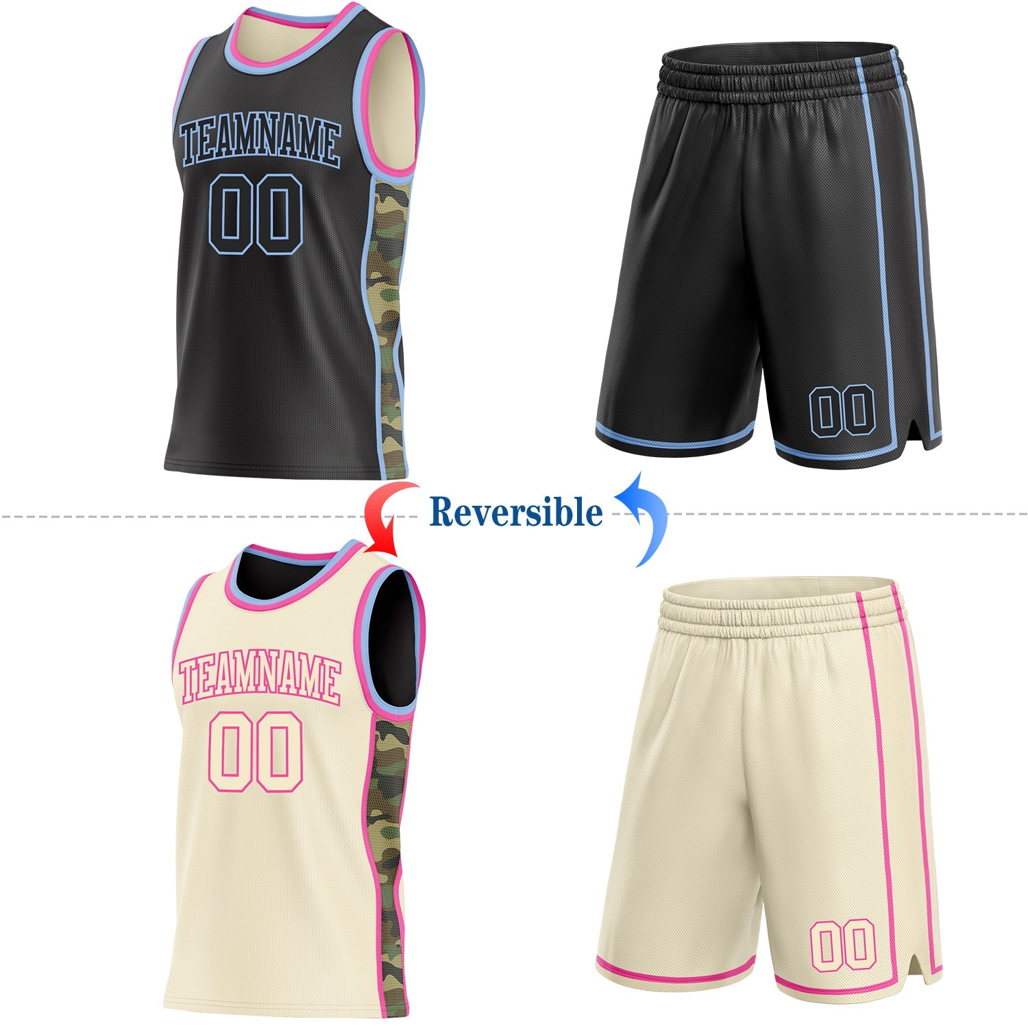 Custom Black(Cream) Light Blue-Pink Camo Side Panel Stripe Reversible Double Side Sublimation Basketball Set Jersey view 2