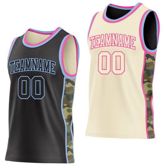 Custom Black(Cream) Light Blue-Pink Camo Side Panel Stripe Reversible Double Side Sublimation Basketball Set Jersey - Main View