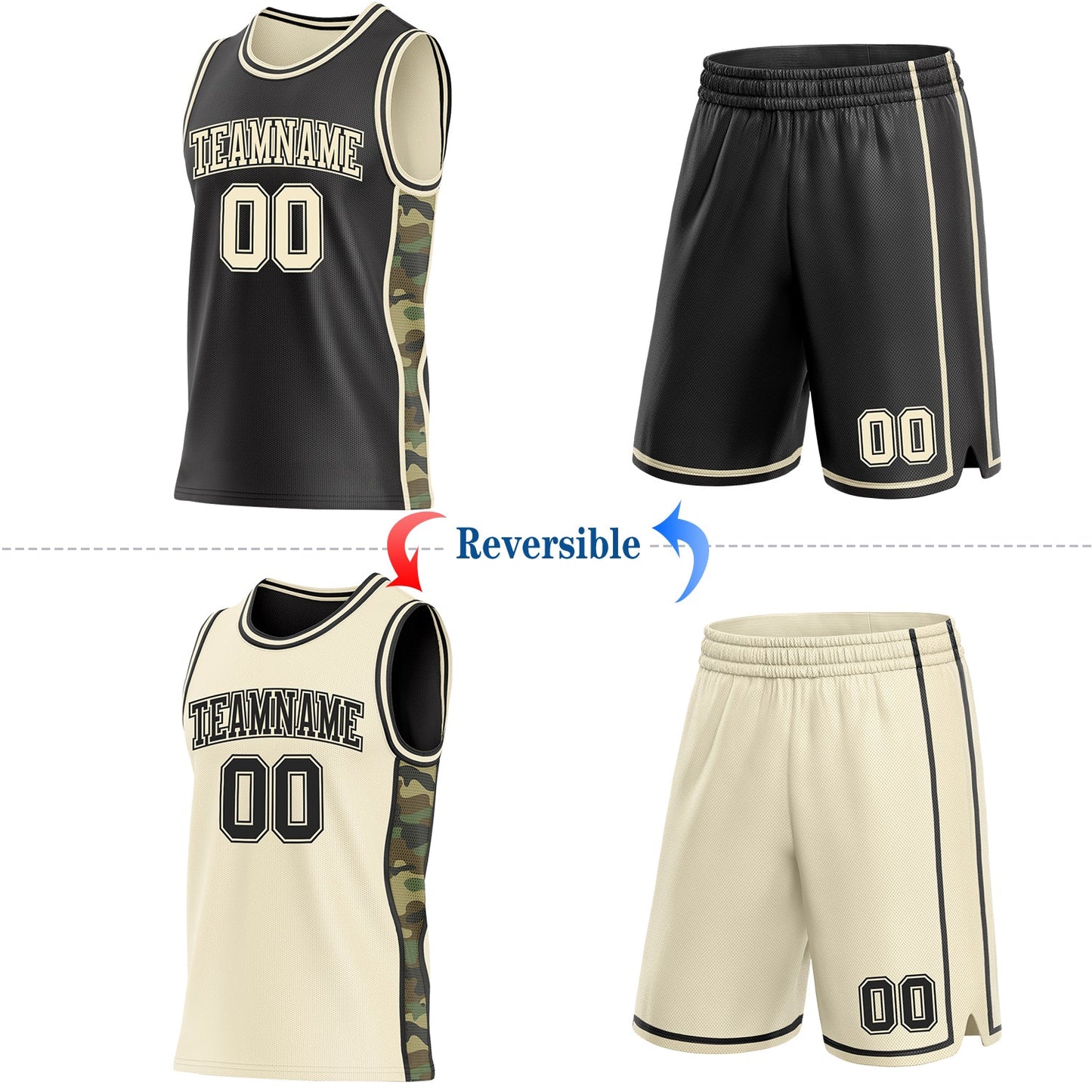 Custom Black-Cream Camo Side Panel Stripe Reversible Double Side Sublimation Basketball Set Jersey view 2