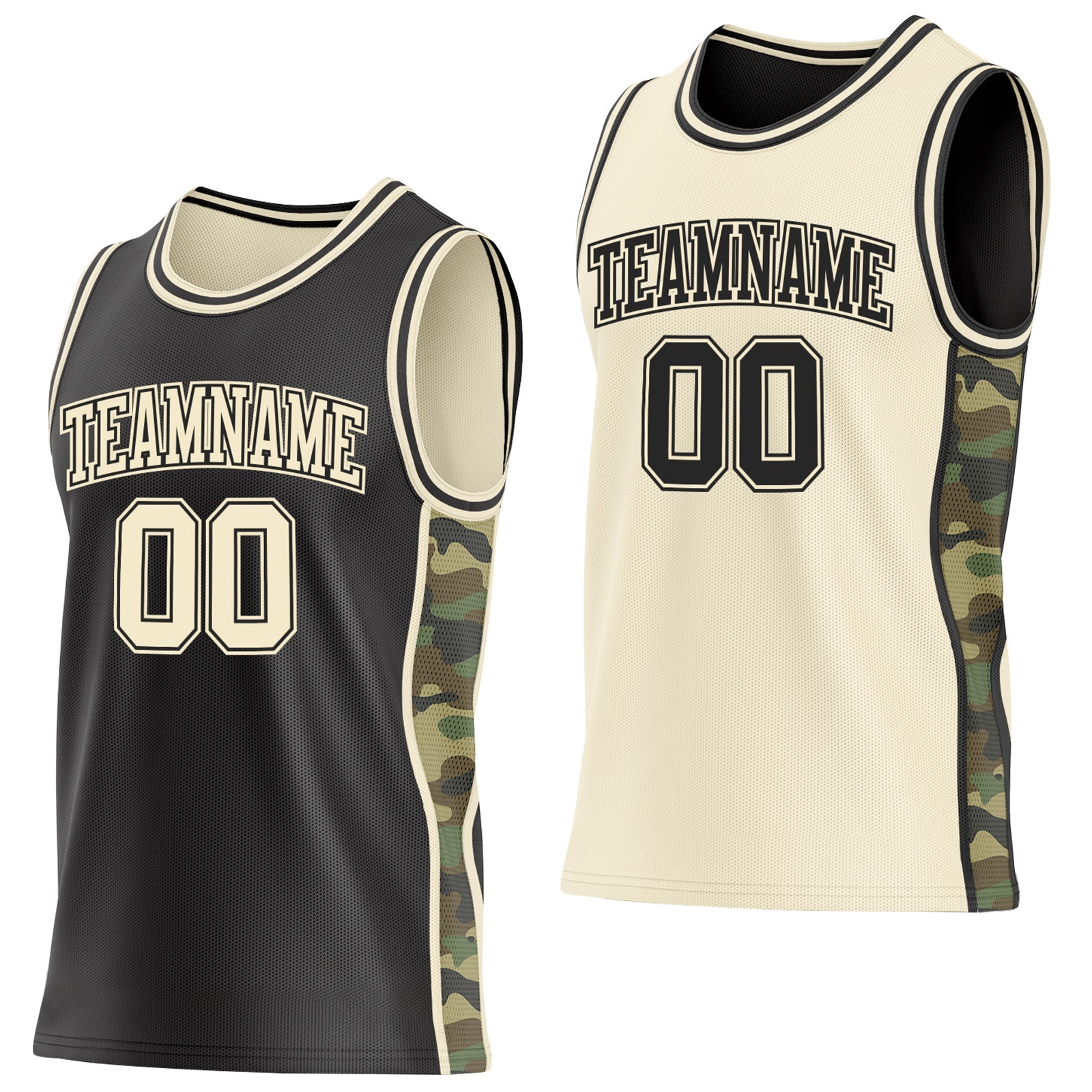 Custom Black-Cream Camo Side Panel Stripe Reversible Double Side Sublimation Basketball Set Jersey - Main View