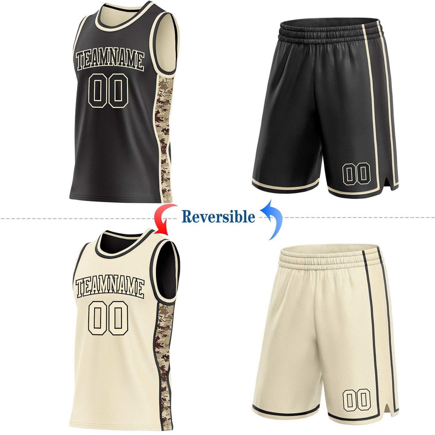 Custom Black-Cream Digital Camo Side Panel Stripe Reversible Double Side Sublimation Basketball Set Jersey view 2