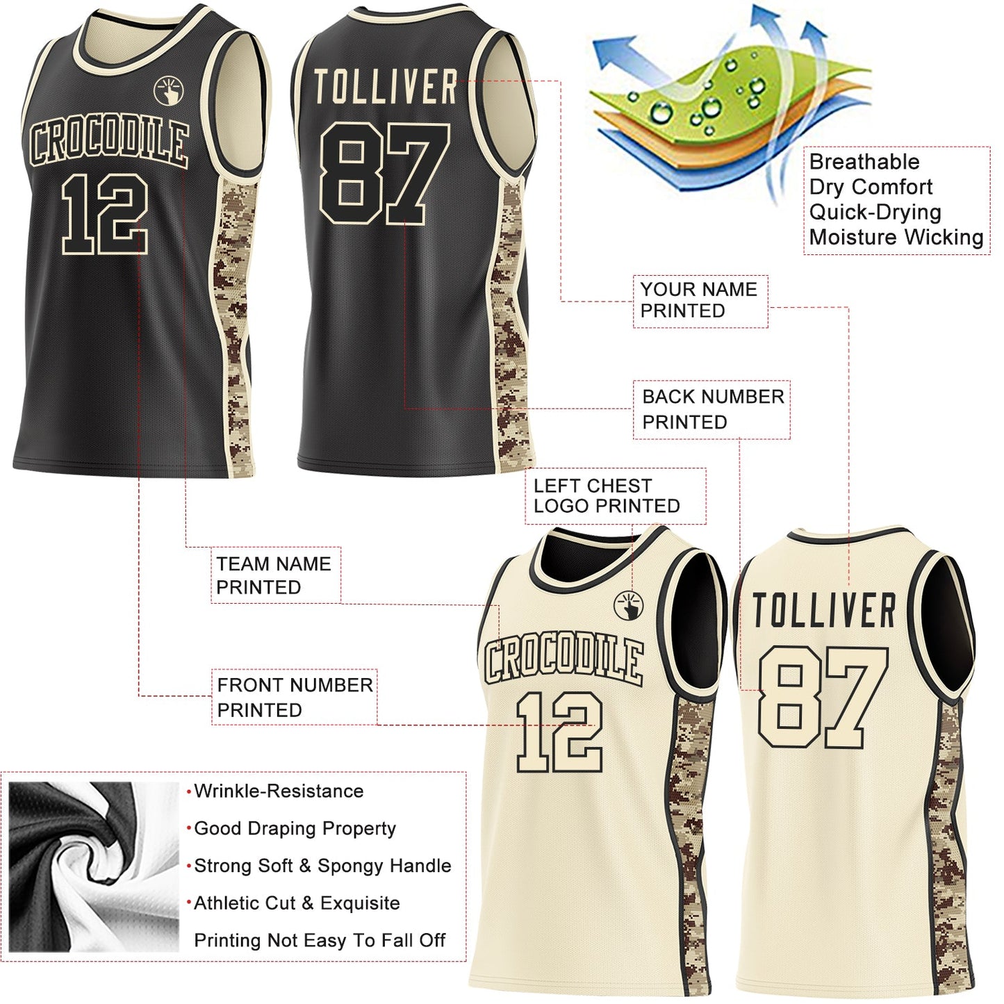 Custom Black-Cream Digital Camo Side Panel Stripe Reversible Double Side Sublimation Basketball Set Jersey view 3