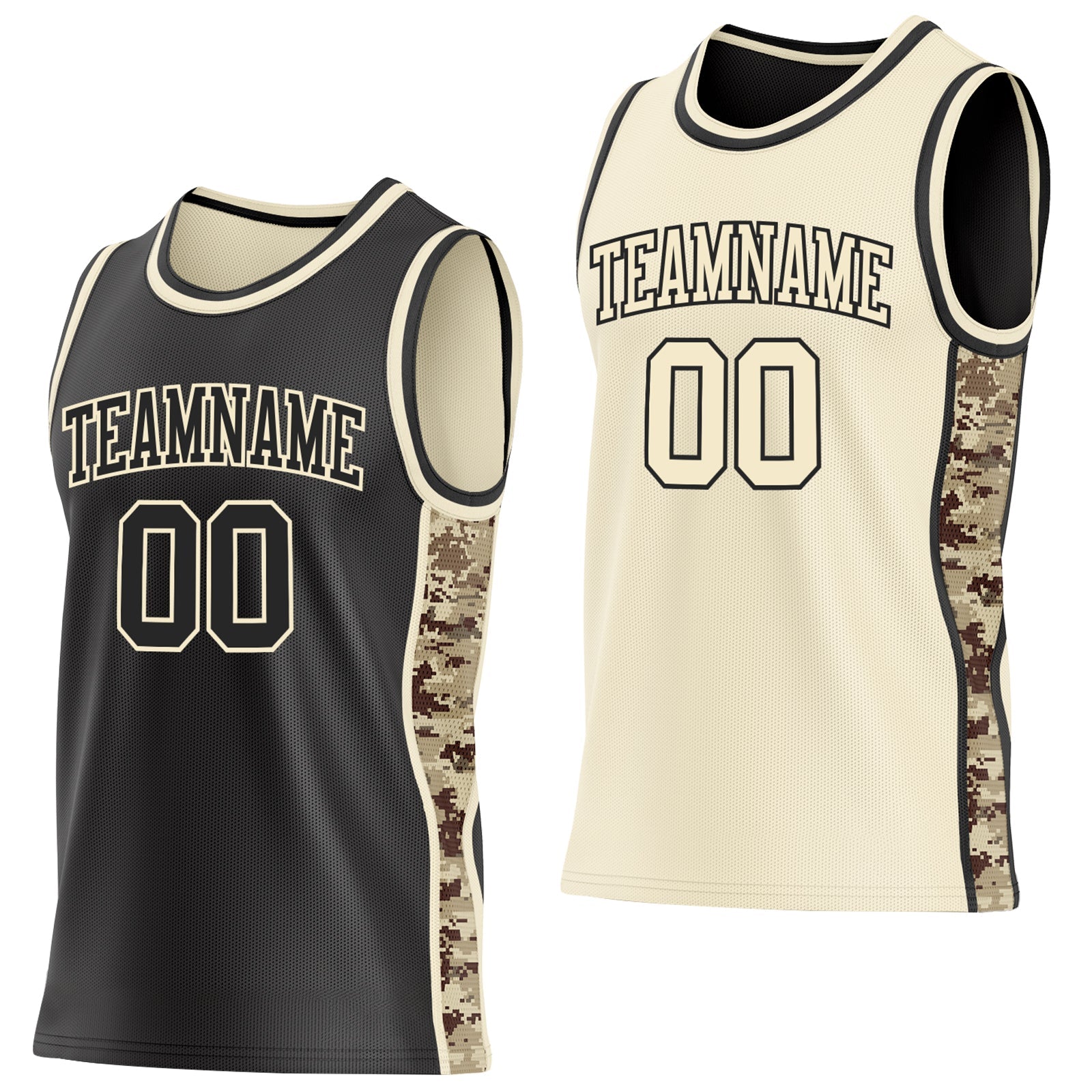 Custom Black-Cream Digital Camo Side Panel Stripe Reversible Double Side Sublimation Basketball Set Jersey - Main View