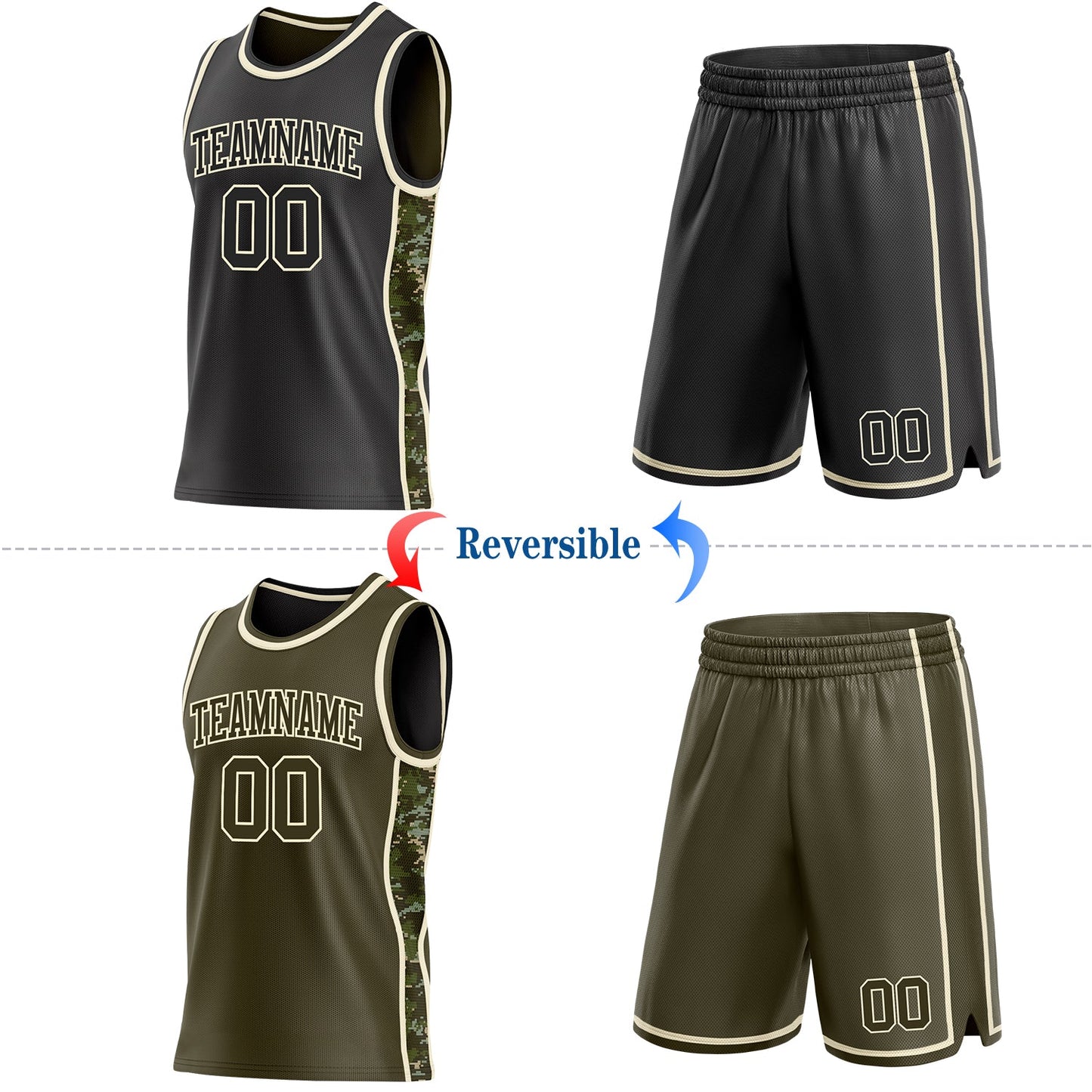 Custom Black(Olive)-Cream Digital Camo Side Panel Stripe Reversible Double Side Sublimation Basketball Set Jersey view 2
